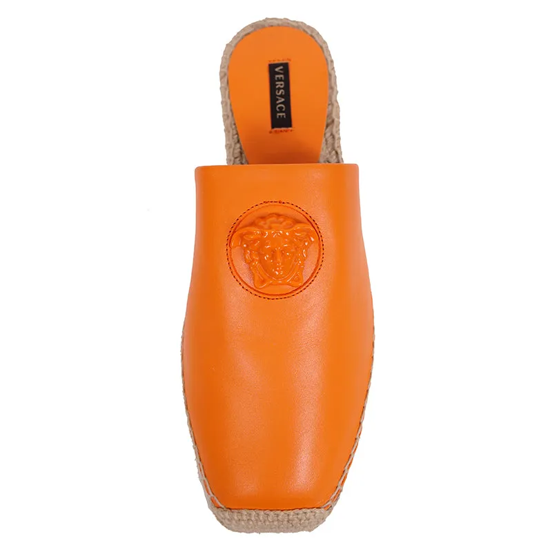 37 & 38 NEW $495 VERSACE Orange Leather LA MEDUSA LOGO Espadrille SUMMER FLATS MULES