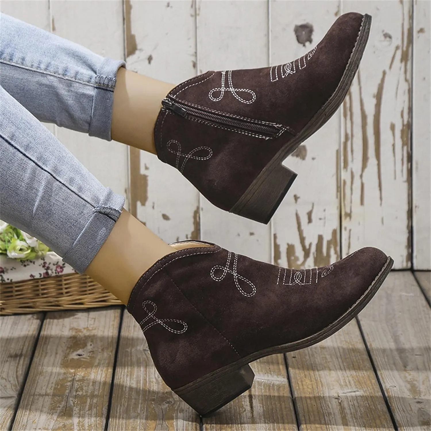 Ankle Boots for Women Dressy Winter Boots 2024 Casual Retro Pointed Toe Lace-up Leather Shoe Zipper Low Heel Booties