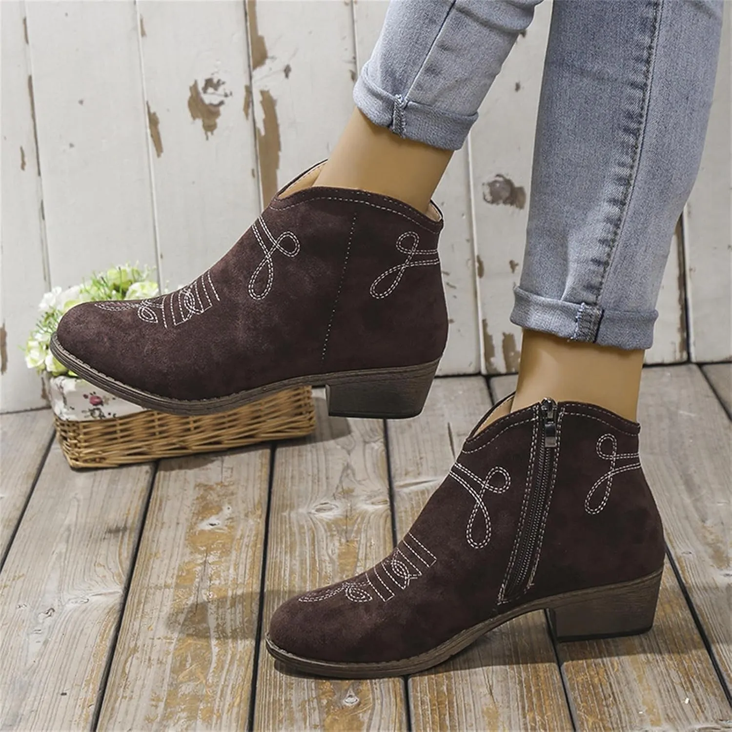 Ankle Boots for Women Dressy Winter Boots 2024 Casual Retro Pointed Toe Lace-up Leather Shoe Zipper Low Heel Booties