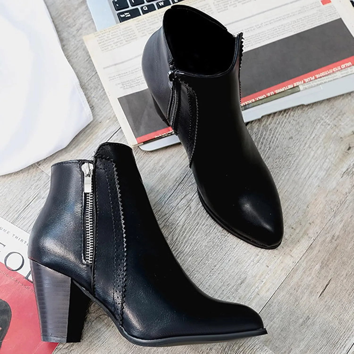Ankle Boots for Women Side Zipper Short Boots Low Chunky Block Heel Pointed Toe Fall Heeled Booties Shoes