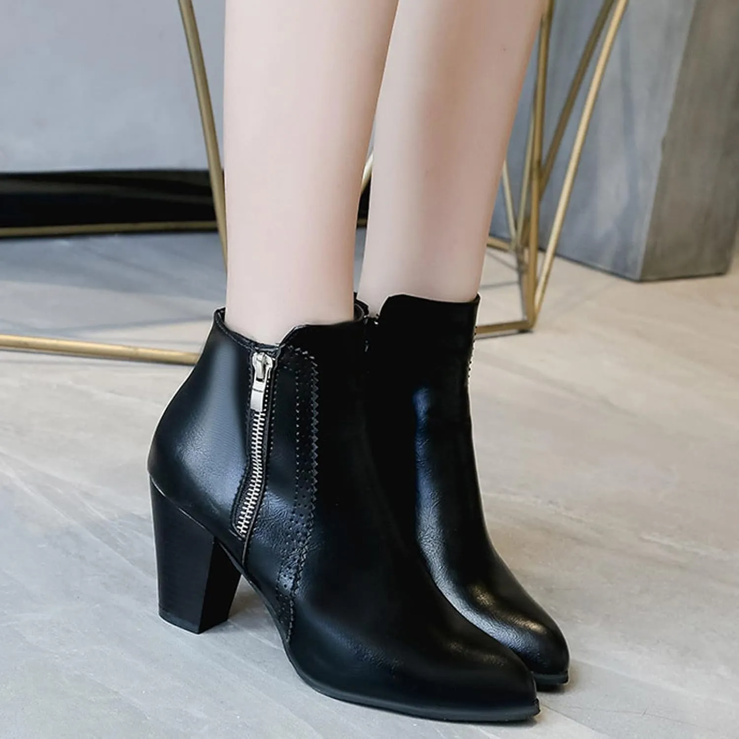 Ankle Boots for Women Side Zipper Short Boots Low Chunky Block Heel Pointed Toe Fall Heeled Booties Shoes