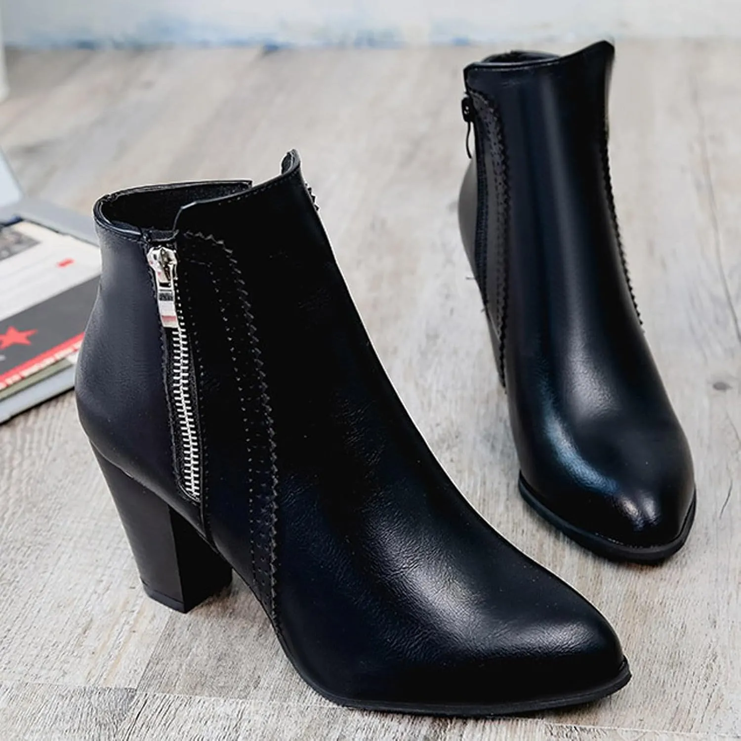 Ankle Boots for Women Side Zipper Short Boots Low Chunky Block Heel Pointed Toe Fall Heeled Booties Shoes