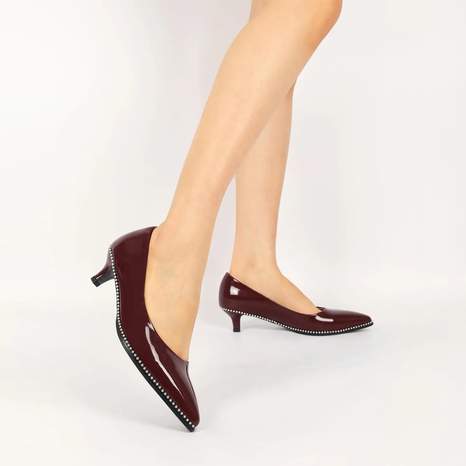 AUMOTED Women's Kitten Heel Pumps Pointy Toe Low Heel Slip-on with Beaded Dress Shoes for Ladies Office Wedding Work Evening 4CM
