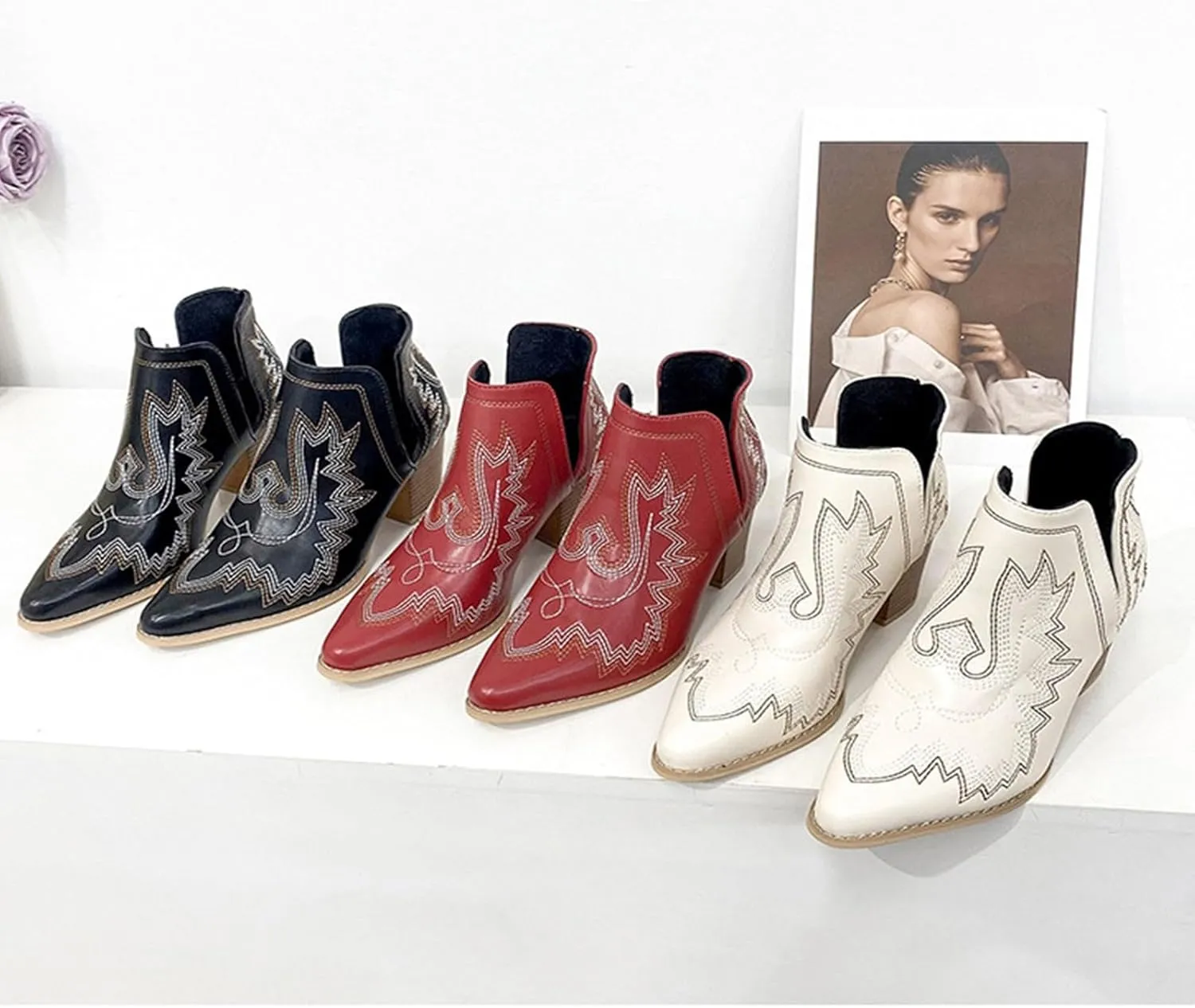 Boots for Women Cowboy Boots for Women Western Retro Pointed Toe Chunky Heel Boots Pull On Boot Fashion V Cut Boots