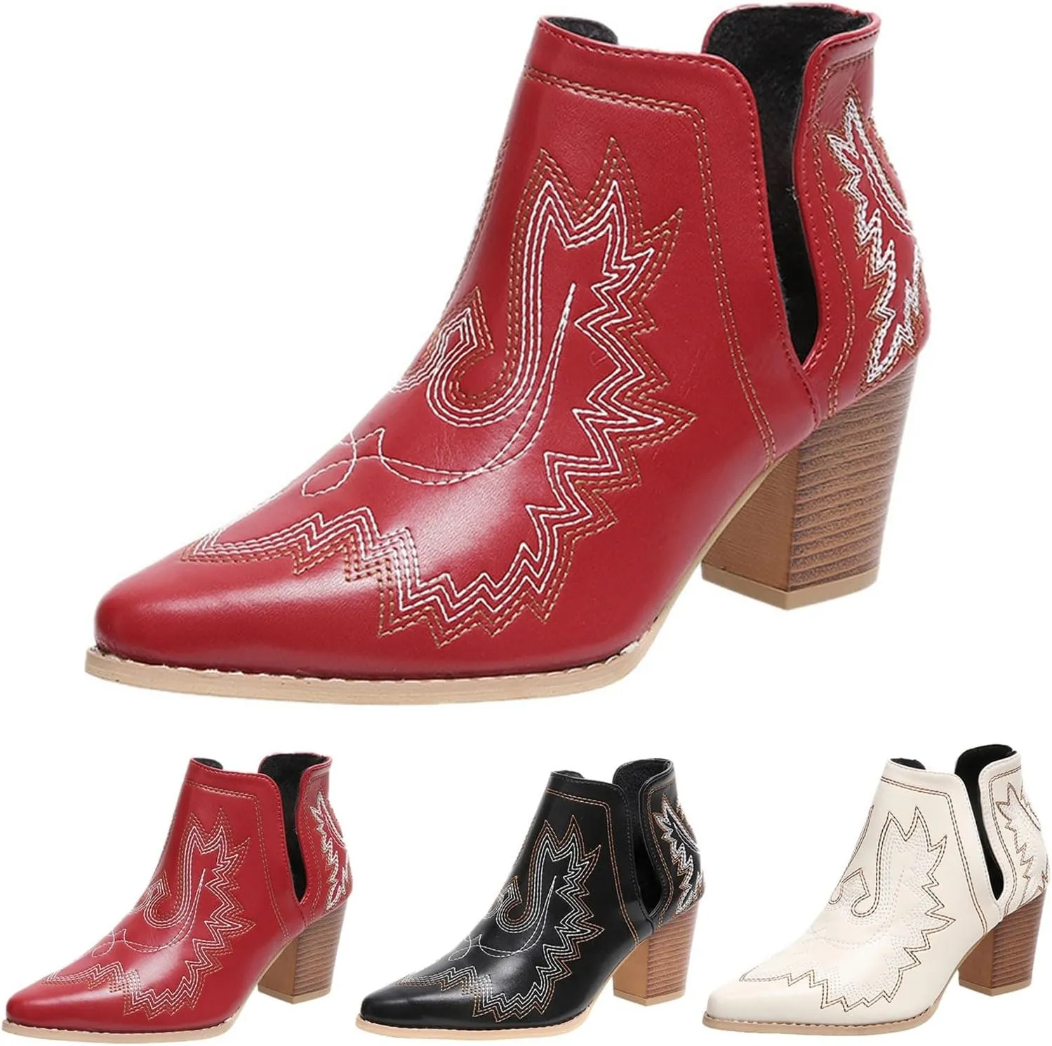 Boots for Women Cowboy Boots for Women Western Retro Pointed Toe Chunky Heel Boots Pull On Boot Fashion V Cut Boots