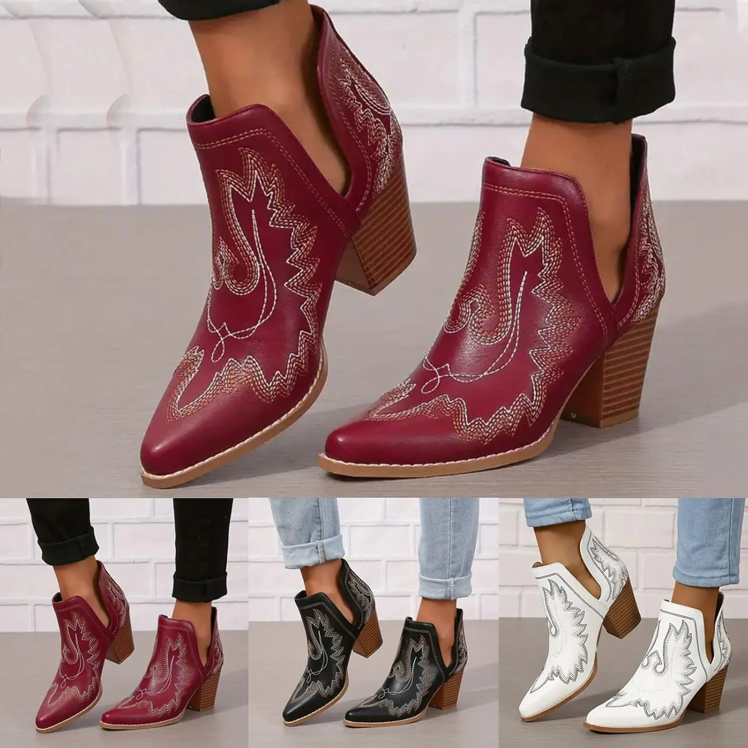 Boots for Women Cowboy Boots for Women Western Retro Pointed Toe Chunky Heel Boots Pull On Boot Fashion V Cut Boots