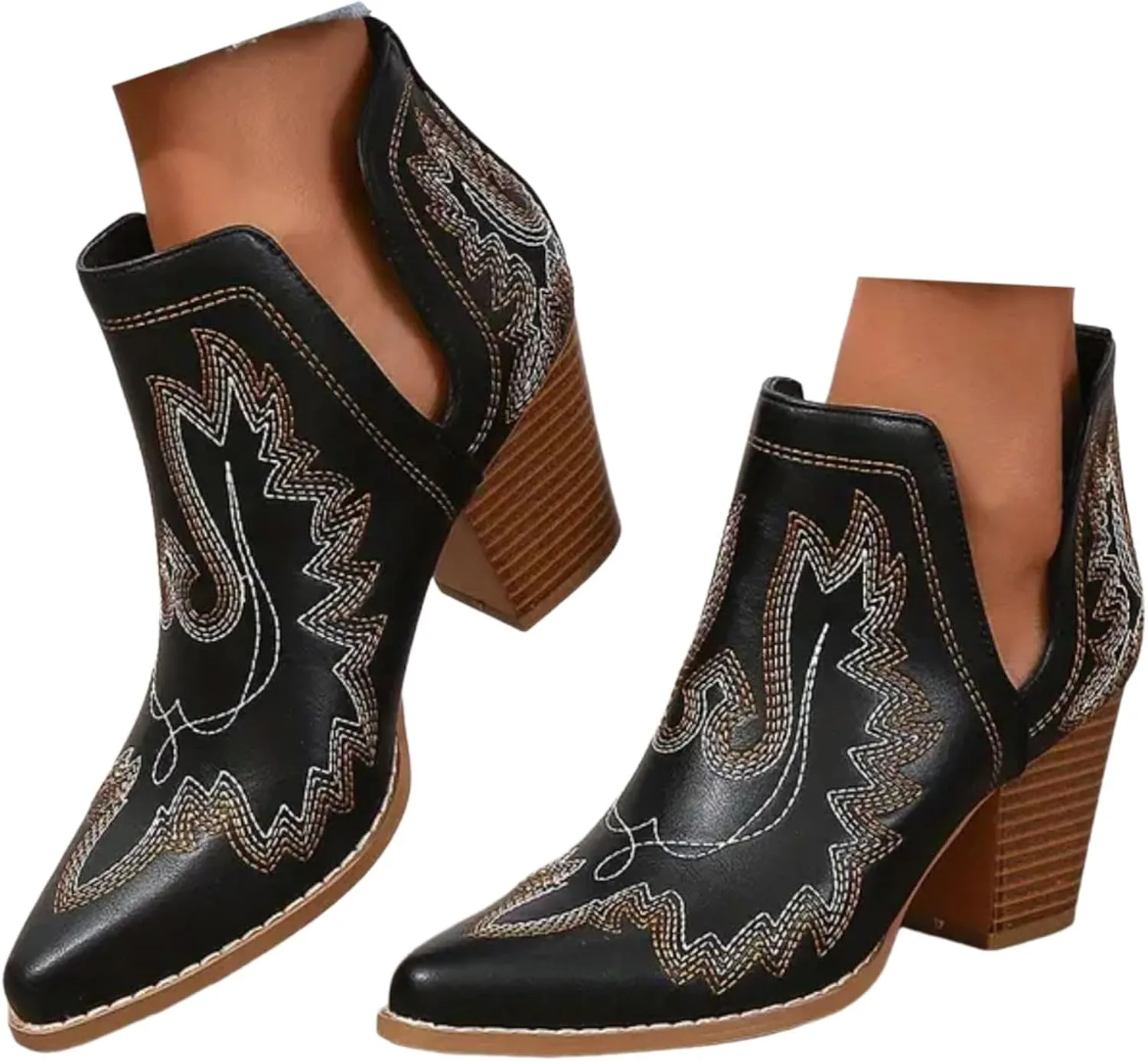 Boots for Women Cowboy Boots for Women Western Retro Pointed Toe Chunky Heel Boots Pull On Boot Fashion V Cut Boots