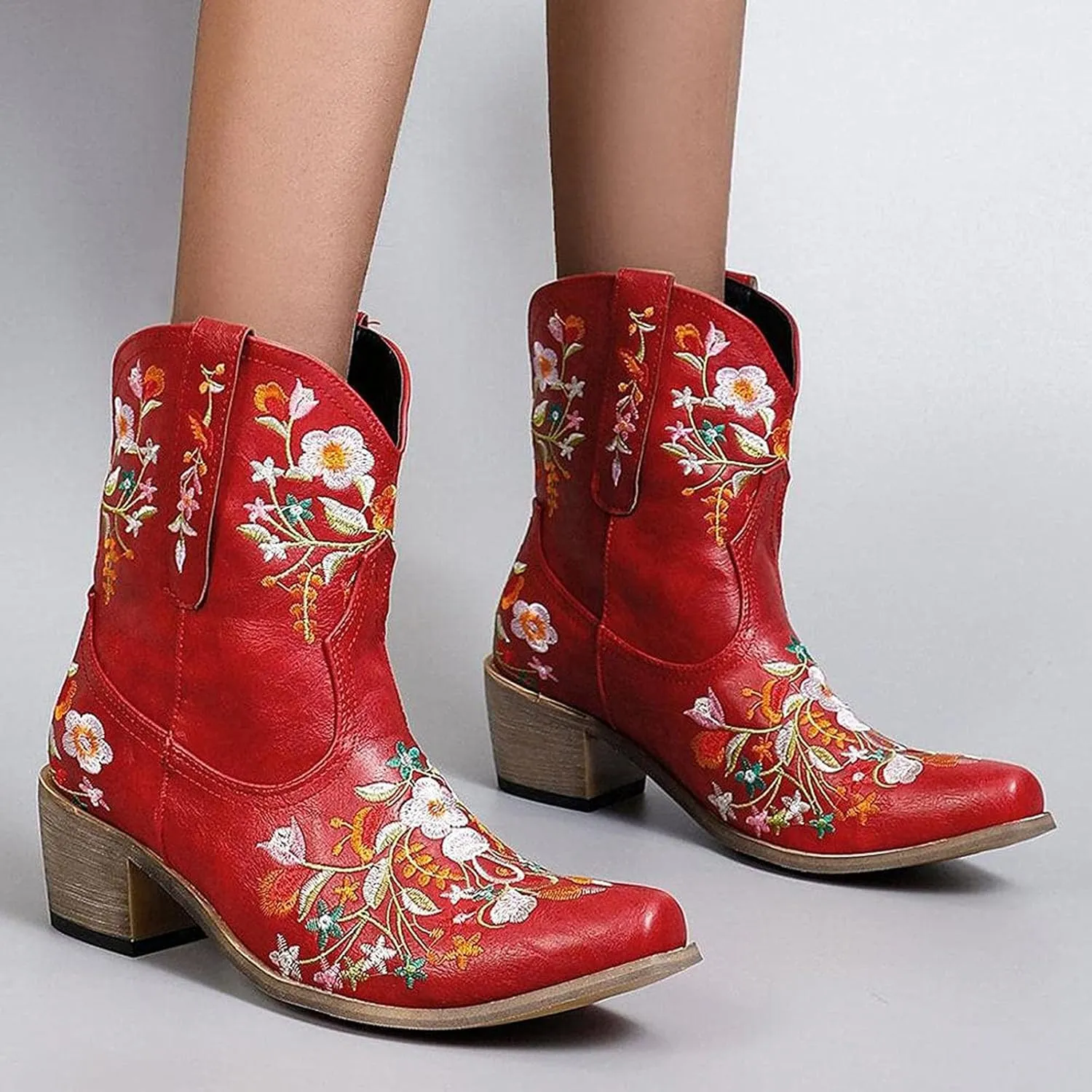 Cowboy Boots for Women Wide Calf Cowgirl Boots Low Heel Boots Retro Chunky Heels Embroidered Pointed Toe Cowboy Boots