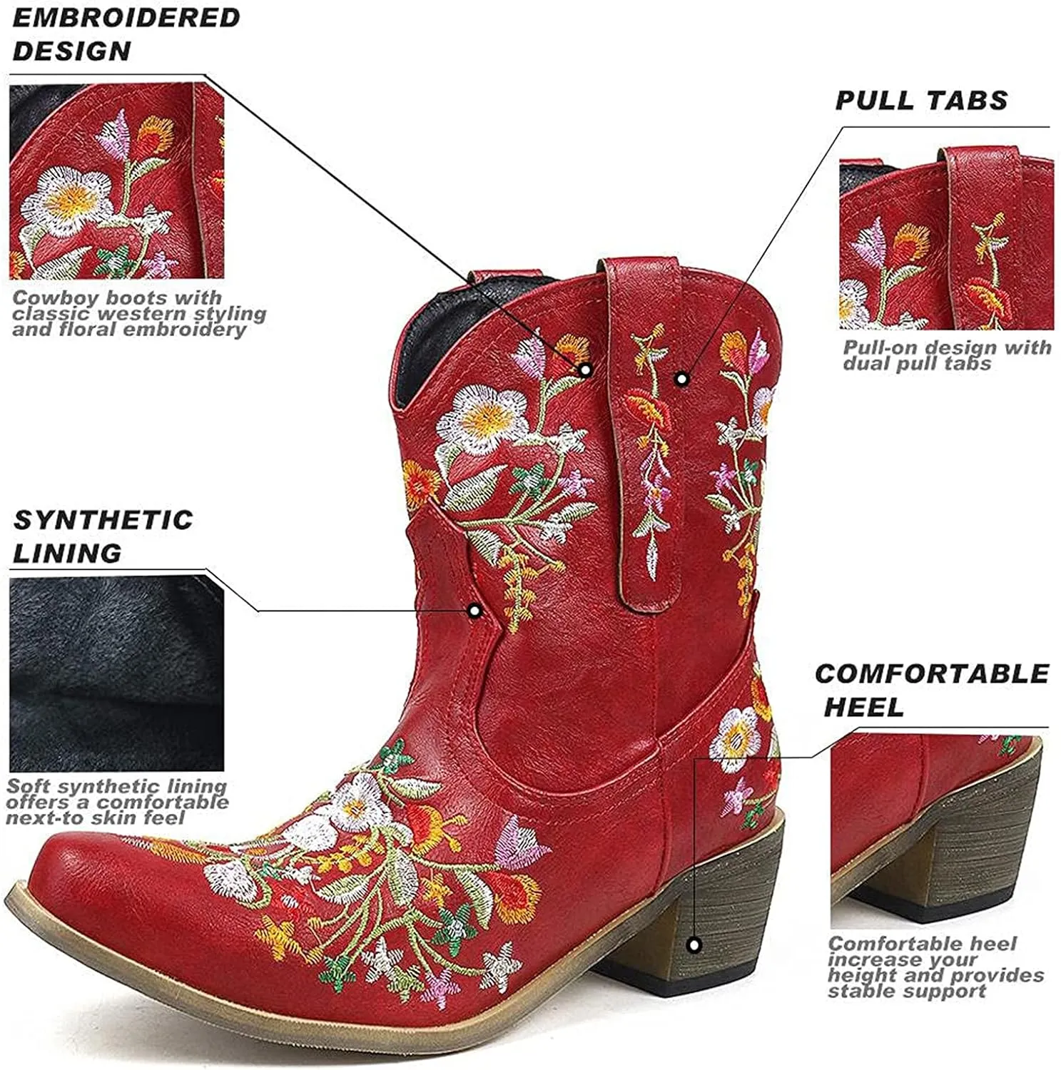 Cowboy Boots for Women Wide Calf Cowgirl Boots Low Heel Boots Retro Chunky Heels Embroidered Pointed Toe Cowboy Boots