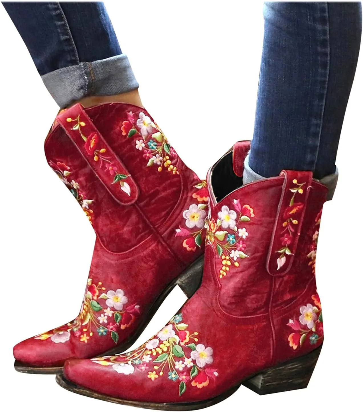 Cowboy Boots for Women Wide Calf Cowgirl Boots Low Heel Boots Retro Chunky Heels Embroidered Pointed Toe Cowboy Boots