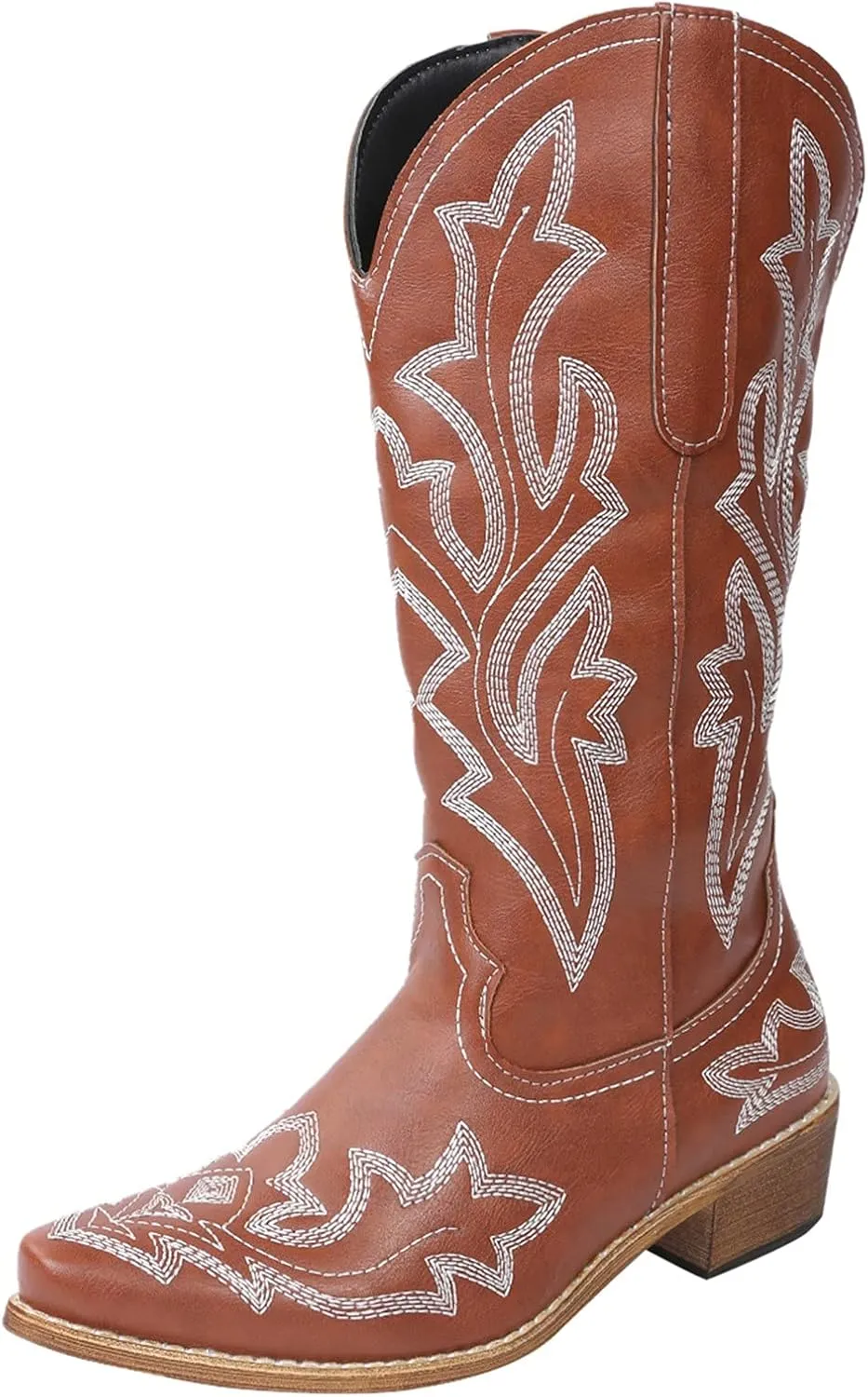 Cowboy Boots for Women Wide Calf Winter Boots for Women Vintage Embroidered Print Pointed Toe Leather Mid Boots