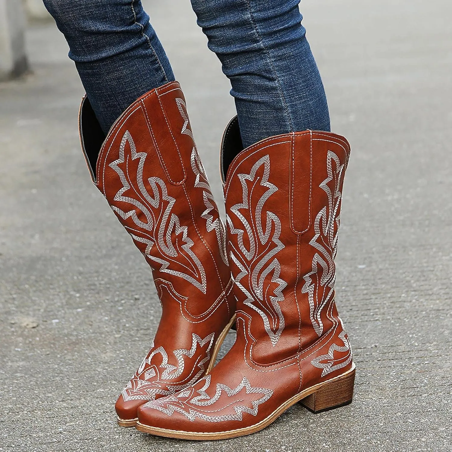 Cowboy Boots for Women Wide Calf Winter Boots for Women Vintage Embroidered Print Pointed Toe Leather Mid Boots