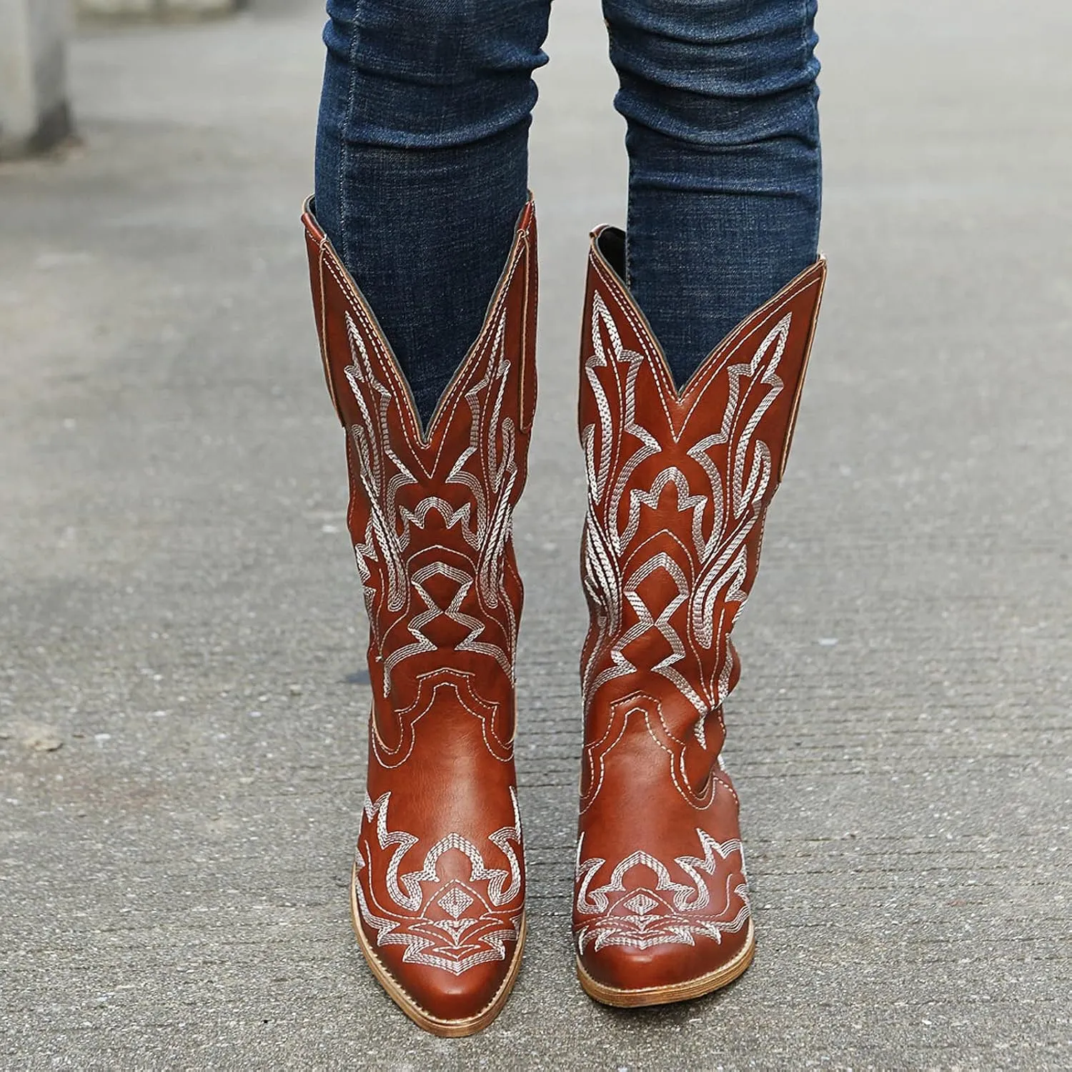 Cowboy Boots for Women Wide Calf Winter Boots for Women Vintage Embroidered Print Pointed Toe Leather Mid Boots