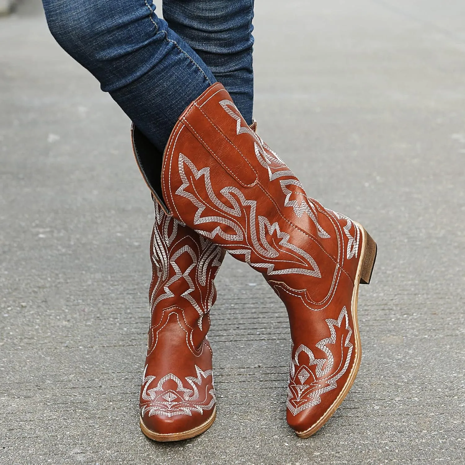 Cowboy Boots for Women Wide Calf Winter Boots for Women Vintage Embroidered Print Pointed Toe Leather Mid Boots