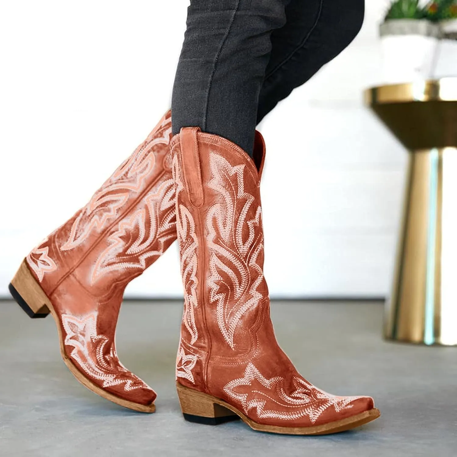 Cowboy Boots for Women Wide Calf Winter Boots for Women Vintage Embroidered Print Pointed Toe Leather Mid Boots