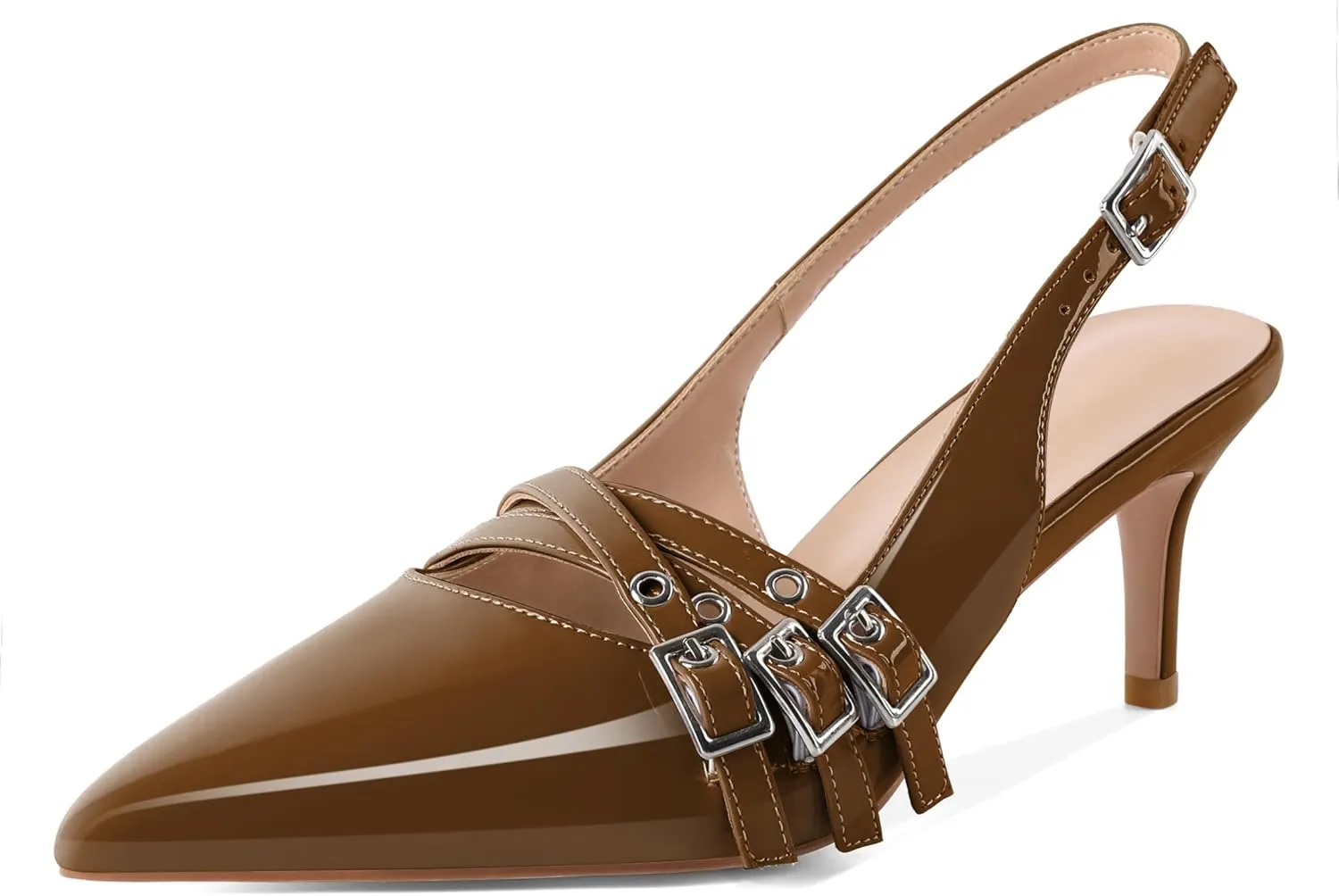 Eldof Women Slingback Heels Eyelet Buckle Strap Pointed Toe Slip On Kitten Heel Pumps Shoes Dressy 2.5 Inches