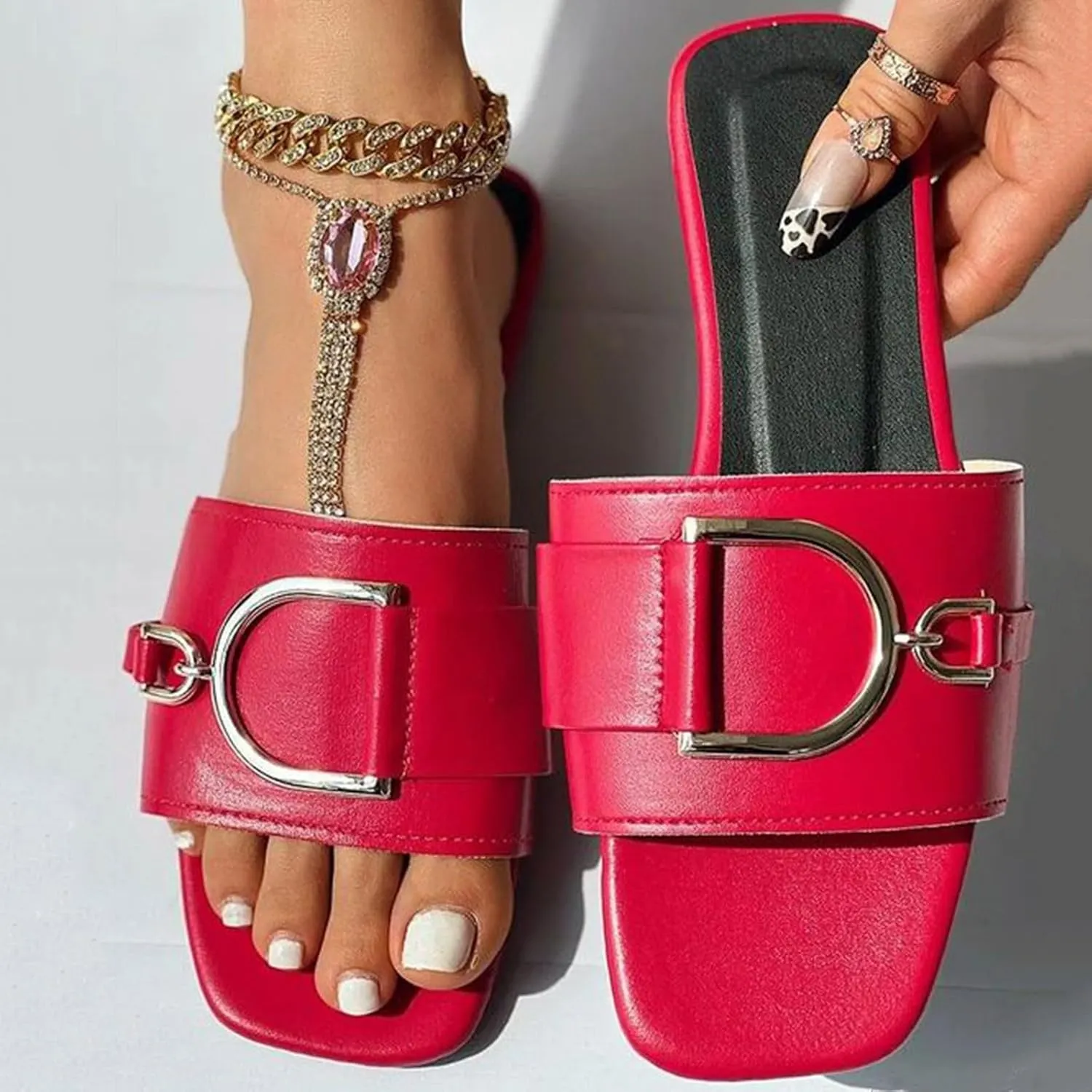 Elegant Sandals for Women Square Toe Button Solid Slides Comfortable Slim Flat Sandals Temperament Sandals 2 Wedges
