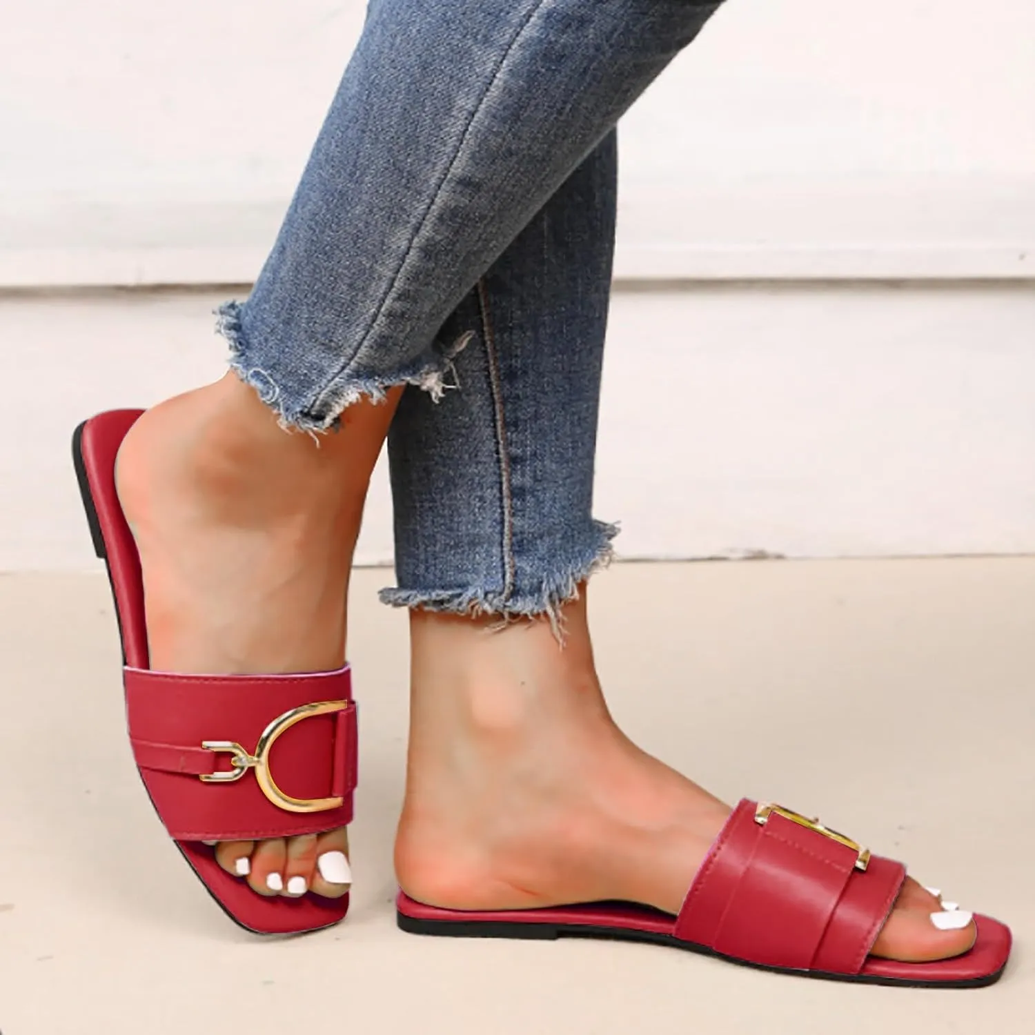 Elegant Sandals for Women Square Toe Button Solid Slides Comfortable Slim Flat Sandals Temperament Sandals 2 Wedges