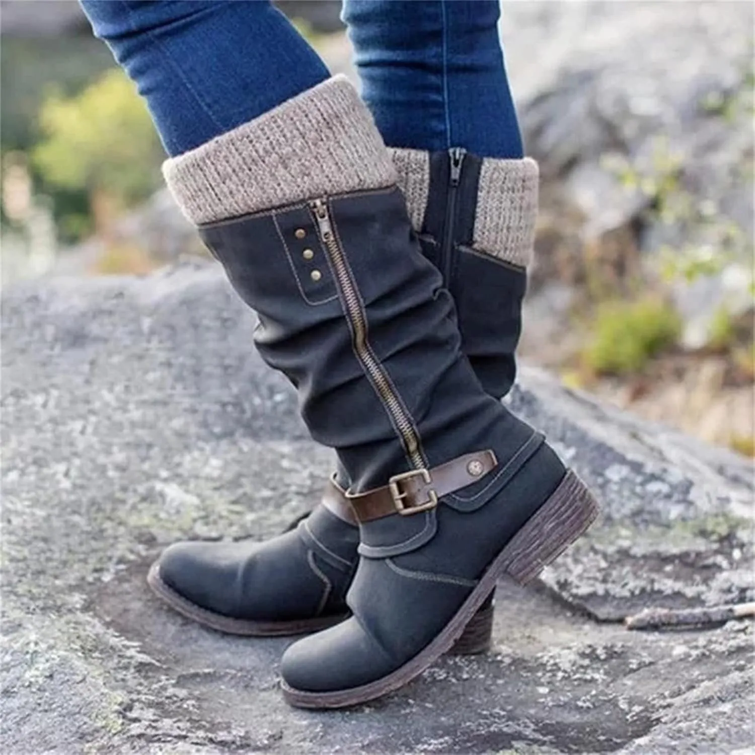 Fall Boots For Women 2024 Wide Calf Combat Boots Side Zipper Mid Calf Low Heel Motorcycle Riding Military Biker Boots