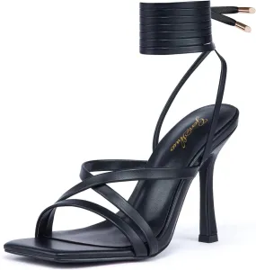 GENSHUO Women's heeled Sandals Strappy Lace up Stiletto High Heel Sandals Square Toe Sandals Tie up Heels Sandals for Party Prom Homecoming Dress Shoes