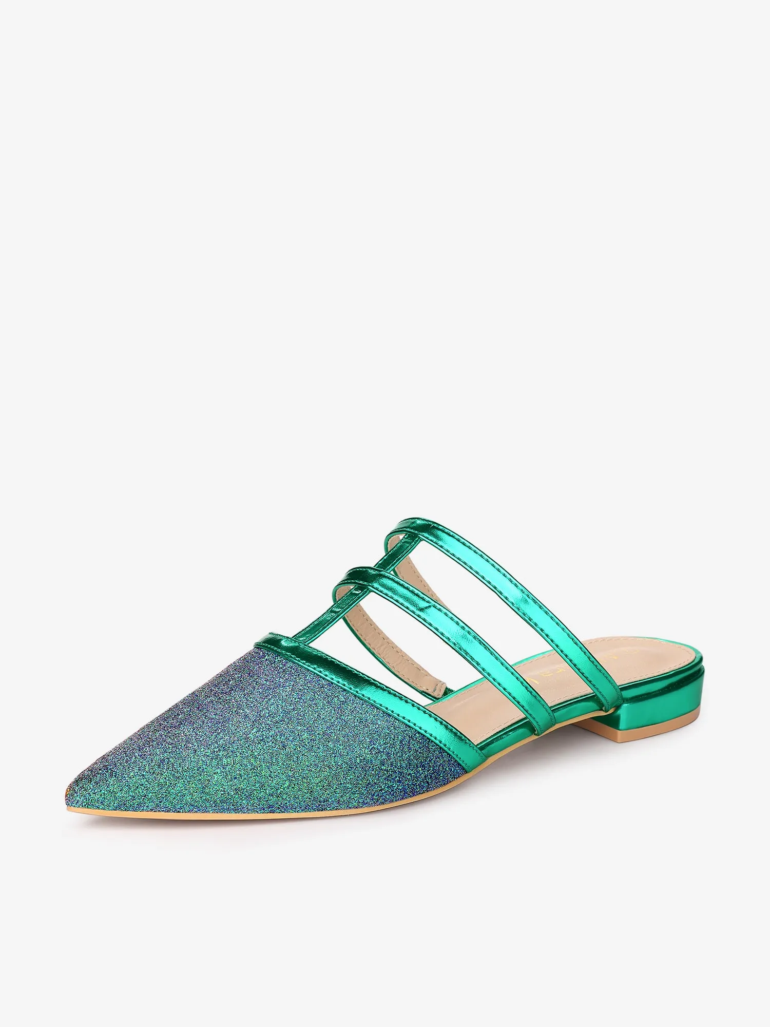 Glitter Pointed Toe T Strap Slip On Flats Mules