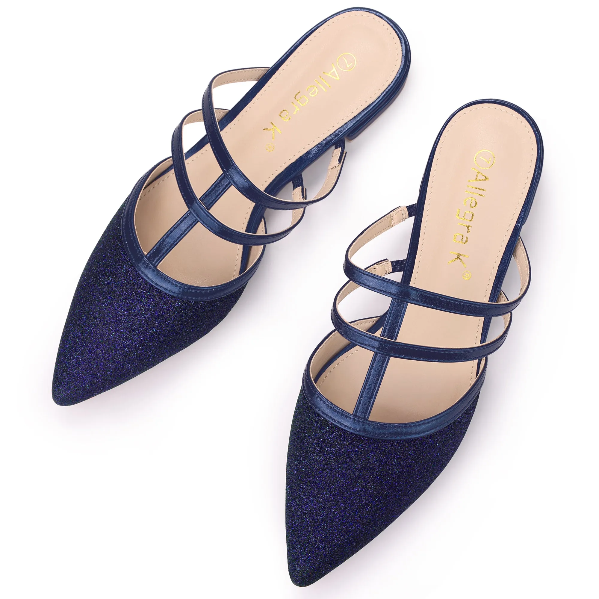 Glitter Pointed Toe T Strap Slip On Flats Mules