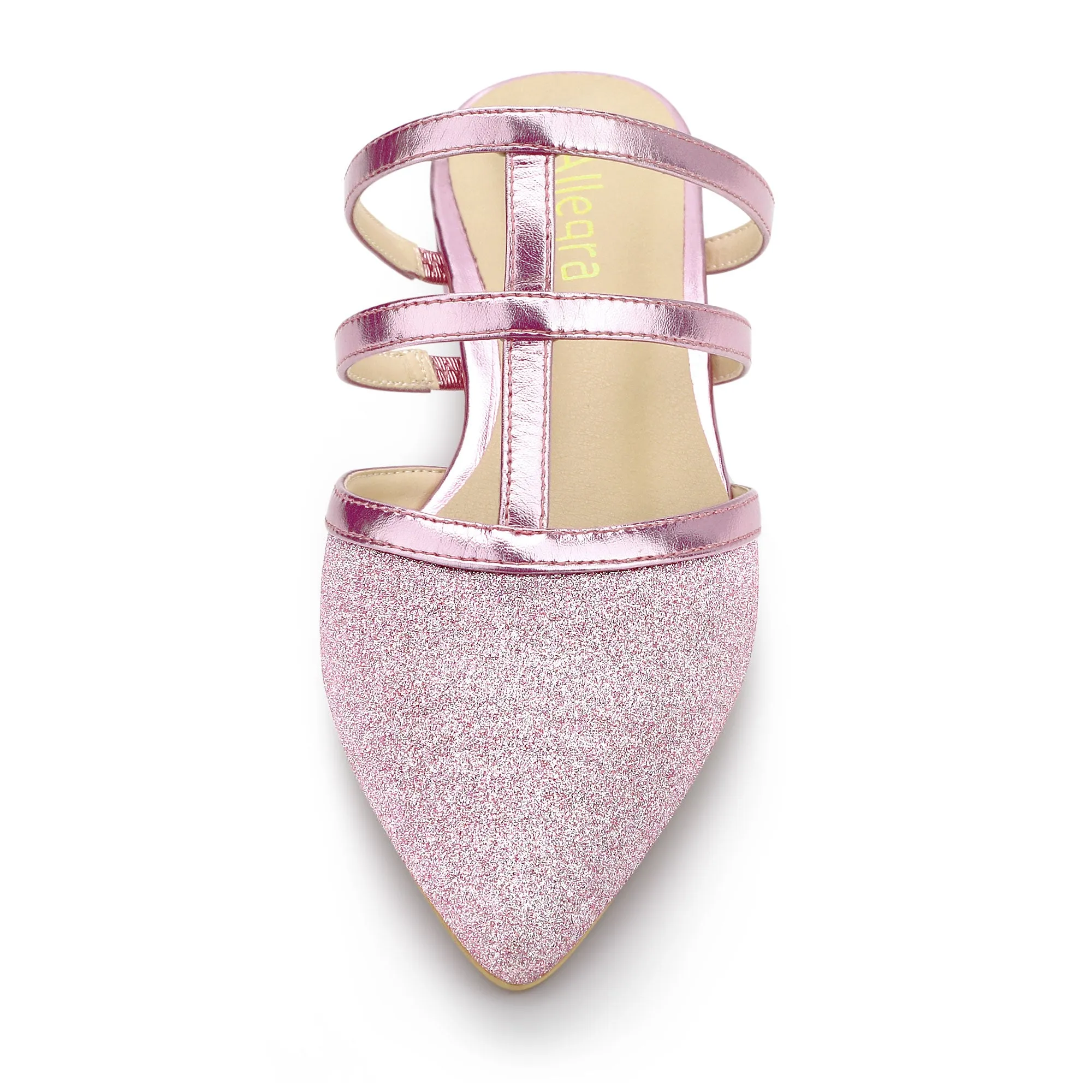 Glitter Pointed Toe T Strap Slip On Flats Mules