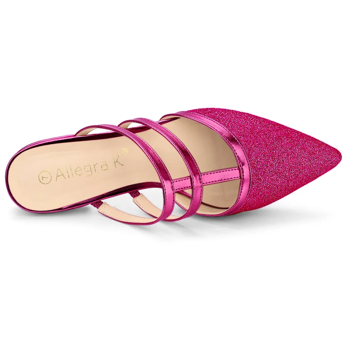 Glitter Pointed Toe T Strap Slip On Flats Mules