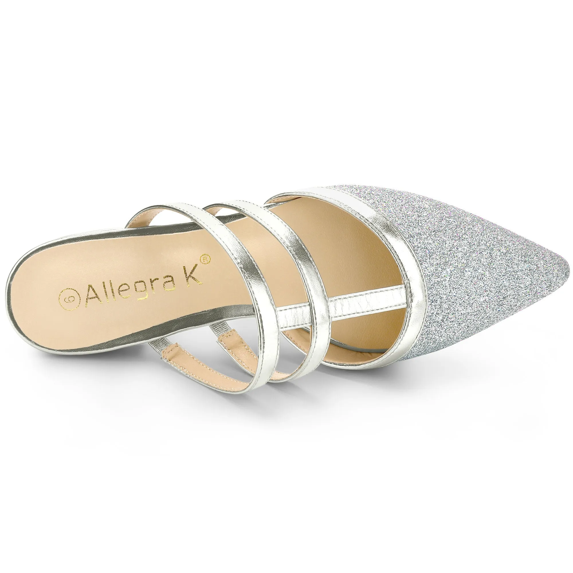 Glitter Pointed Toe T Strap Slip On Flats Mules