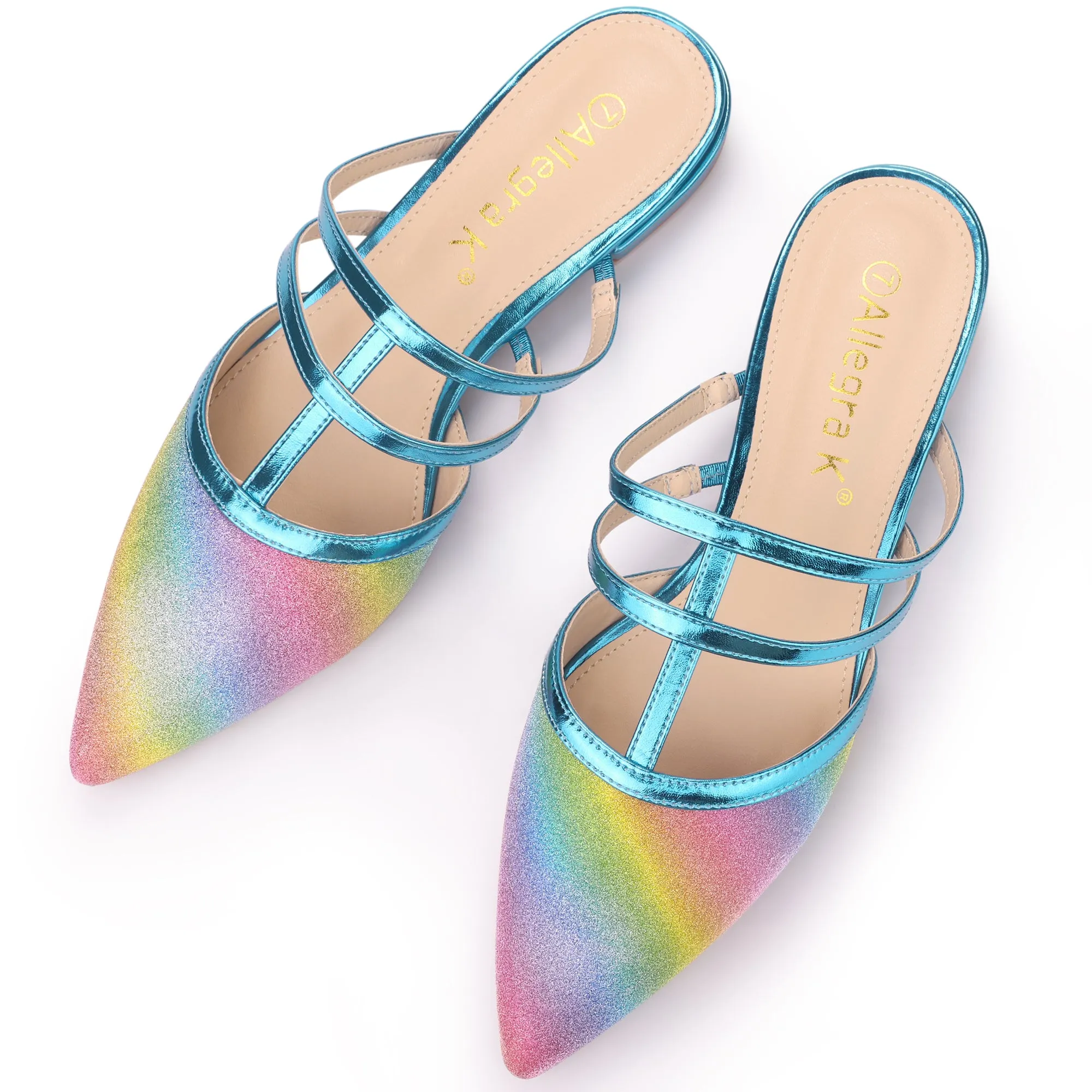 Glitter Pointed Toe T Strap Slip On Flats Mules