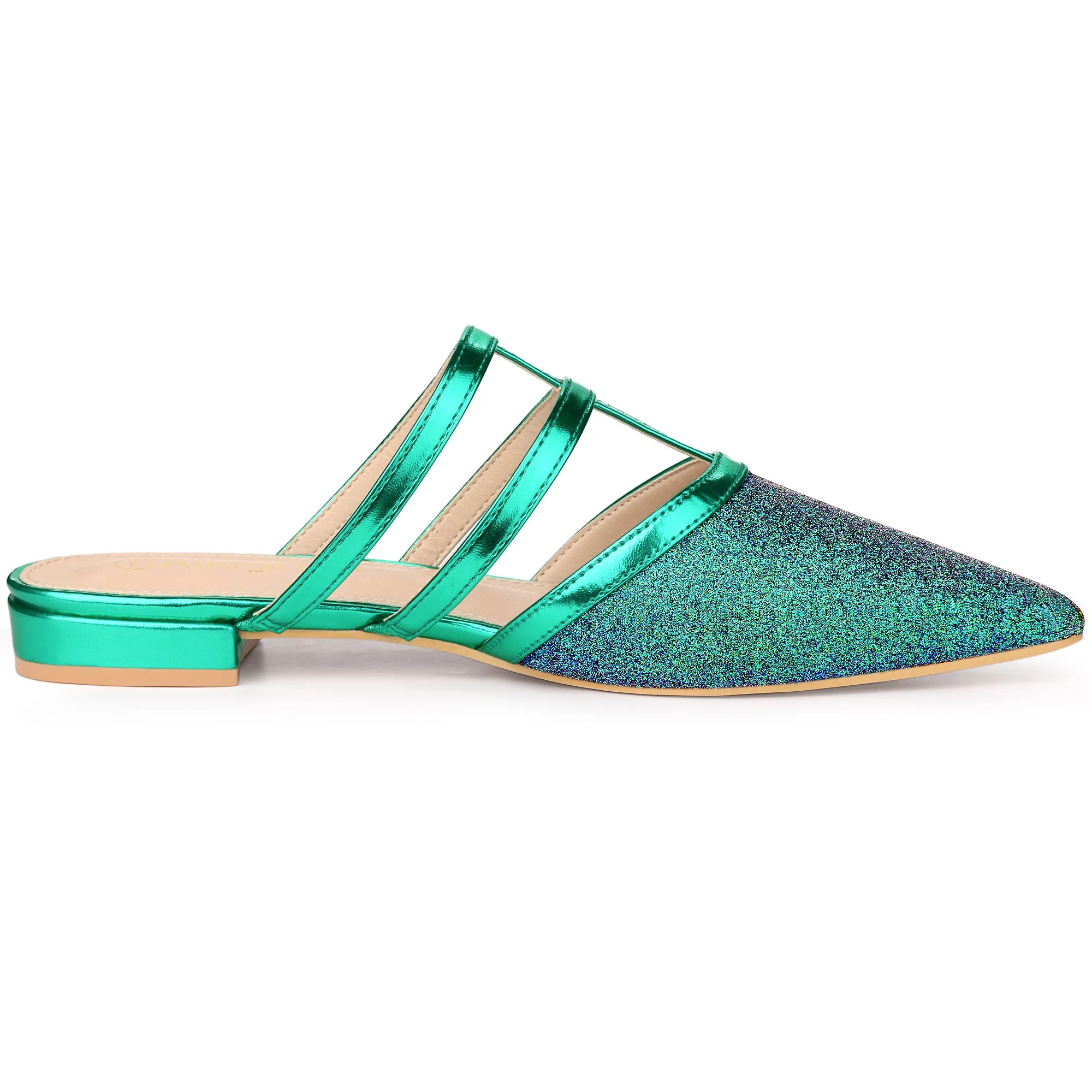 Glitter Pointed Toe T Strap Slip On Flats Mules