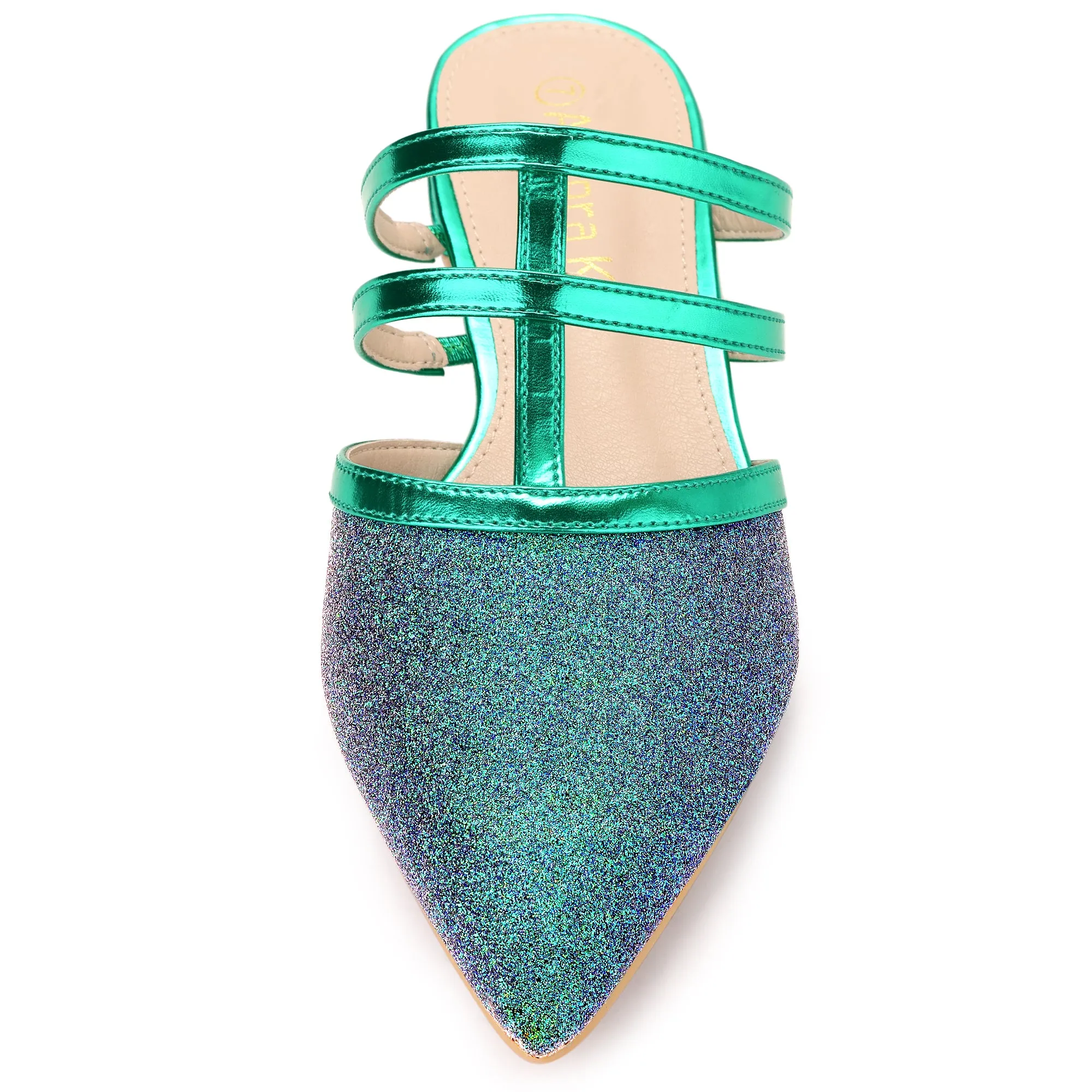 Glitter Pointed Toe T Strap Slip On Flats Mules
