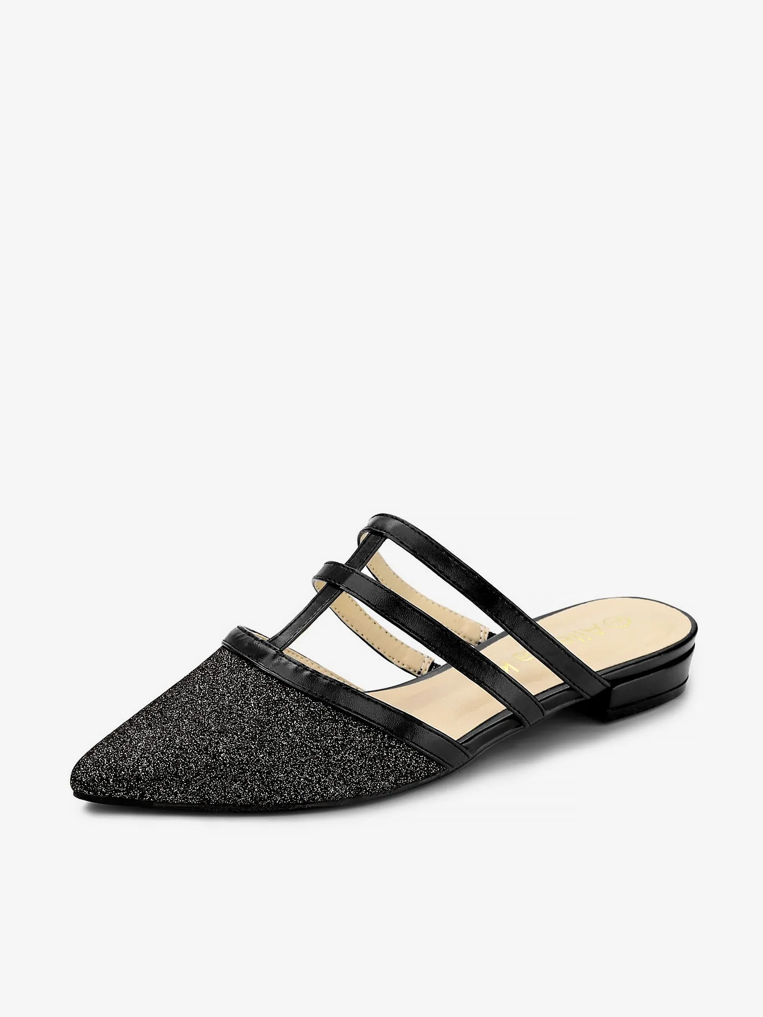 Glitter Pointed Toe T Strap Slip On Flats Mules