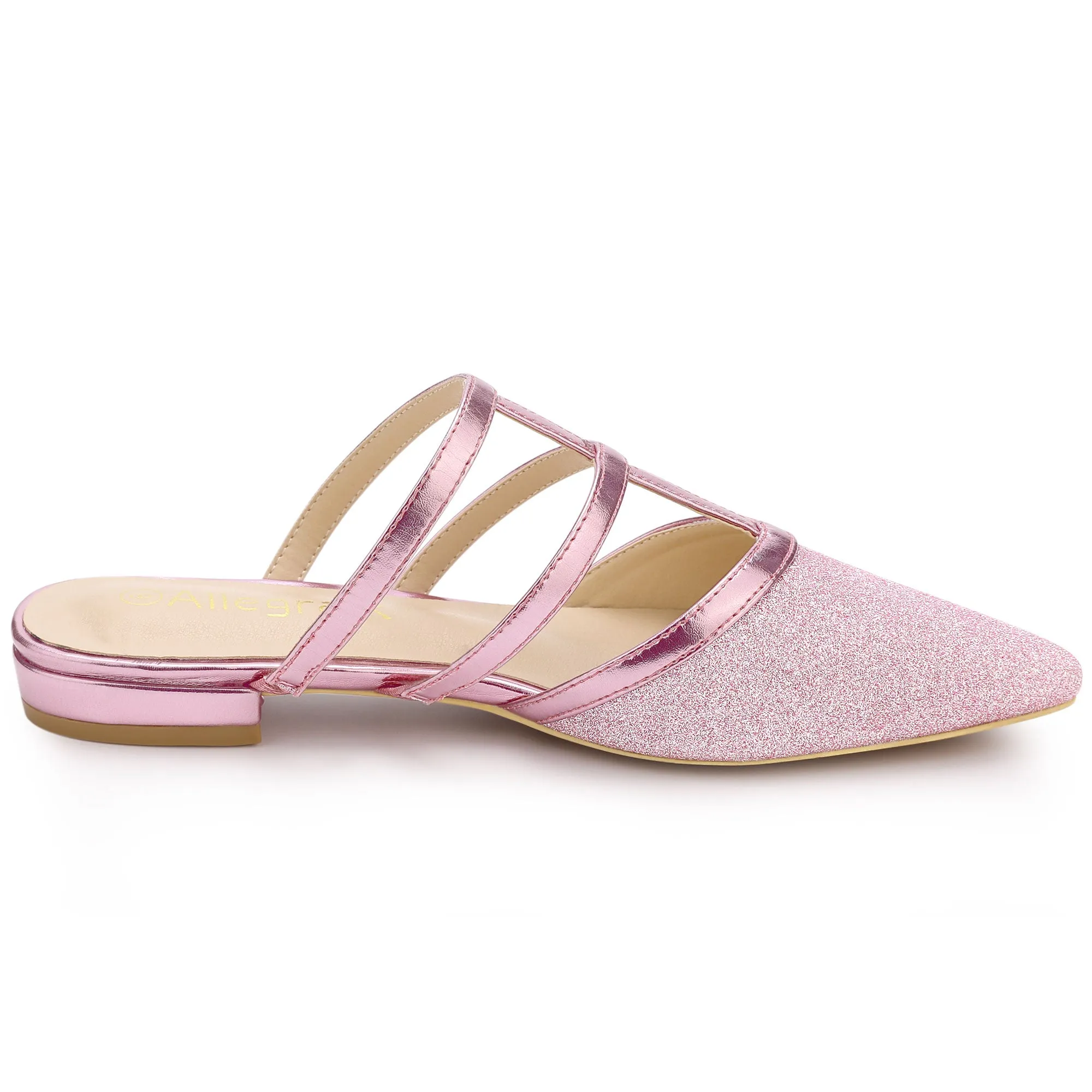 Glitter Pointed Toe T Strap Slip On Flats Mules