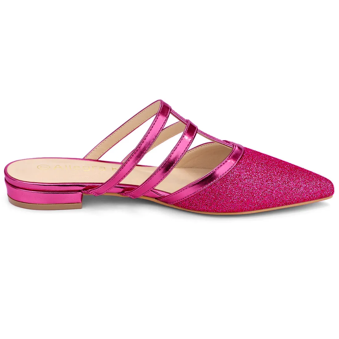Glitter Pointed Toe T Strap Slip On Flats Mules