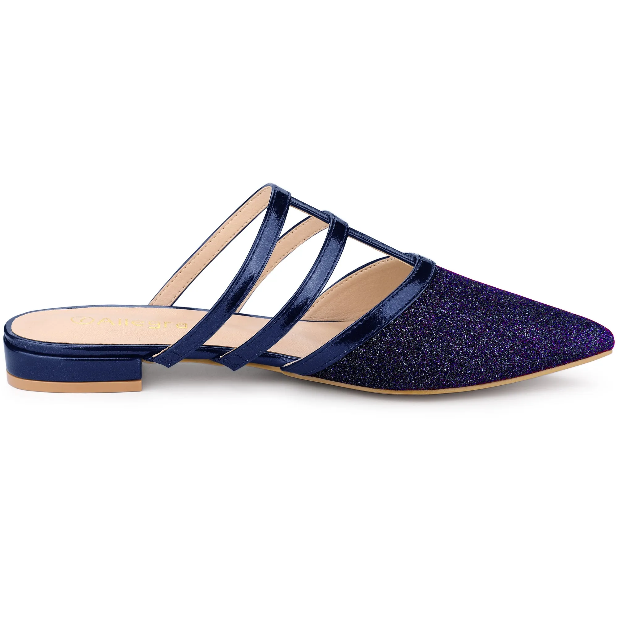 Glitter Pointed Toe T Strap Slip On Flats Mules
