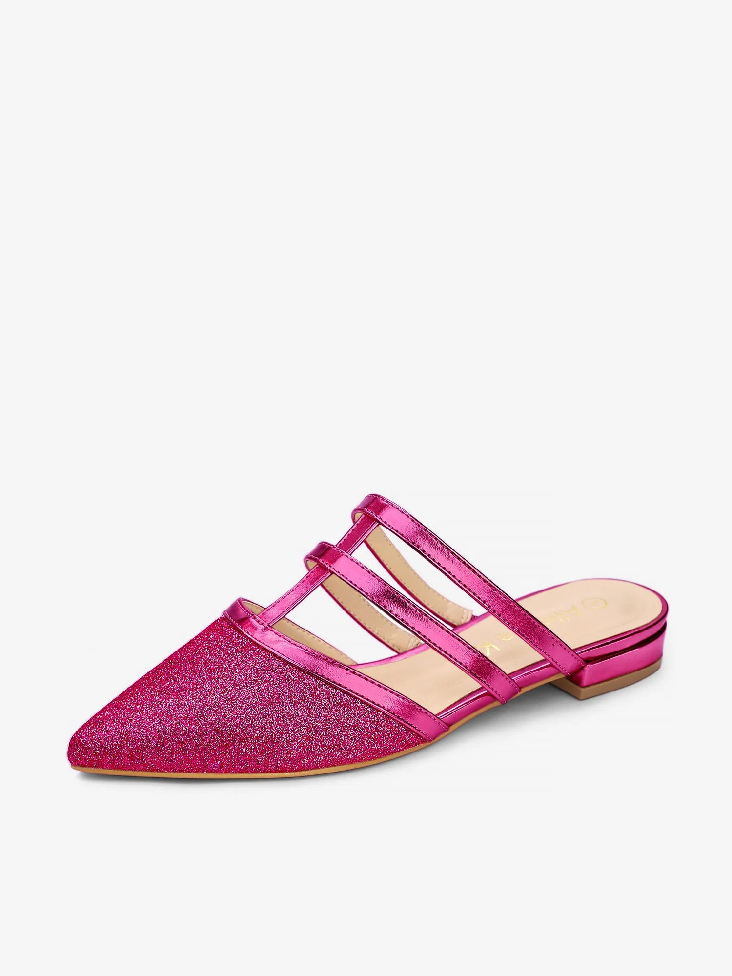 Glitter Pointed Toe T Strap Slip On Flats Mules