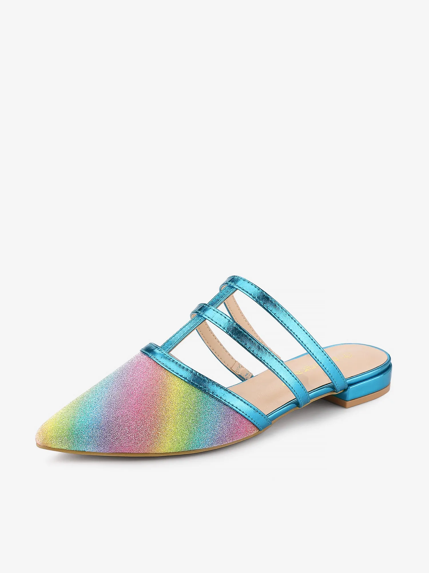 Glitter Pointed Toe T Strap Slip On Flats Mules