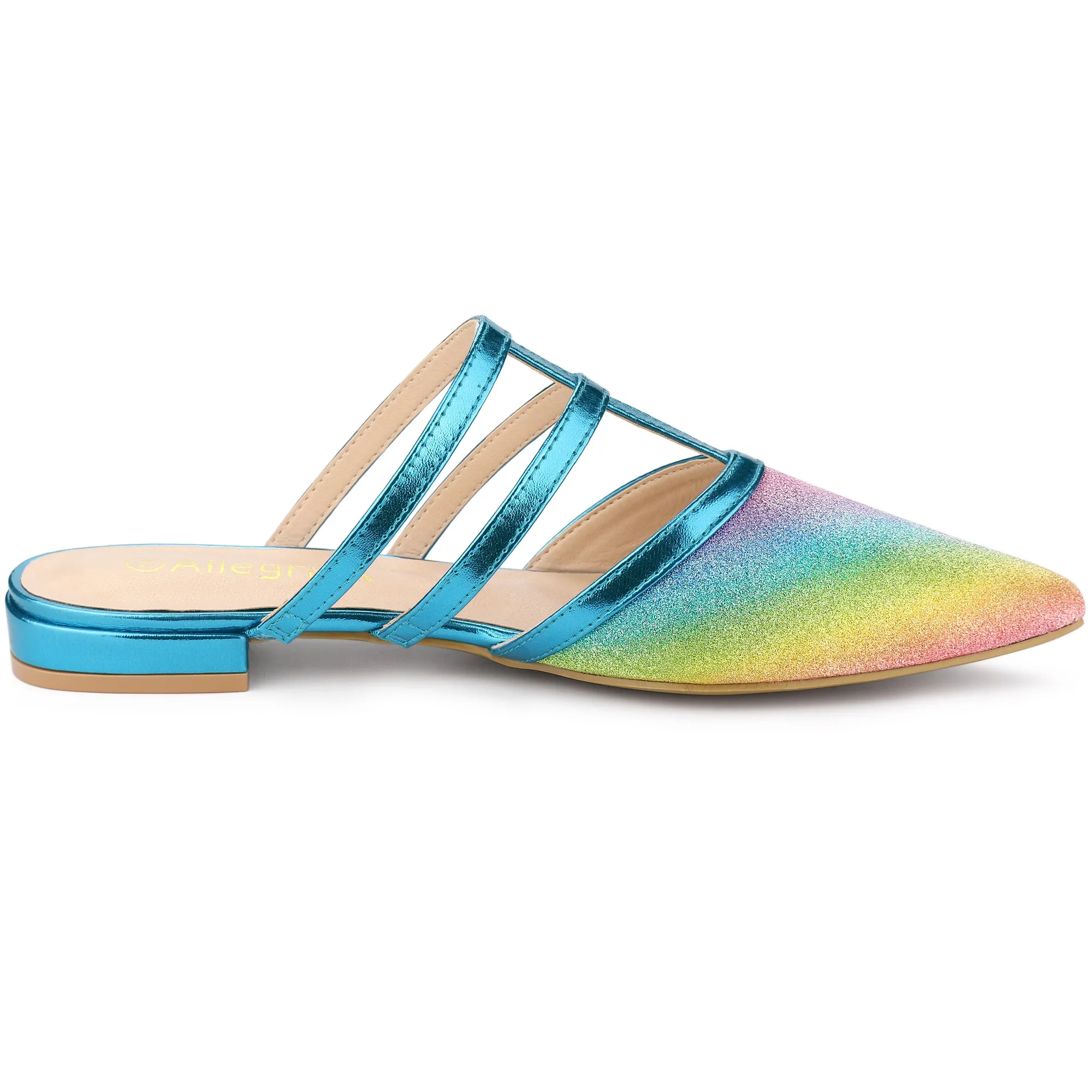 Glitter Pointed Toe T Strap Slip On Flats Mules