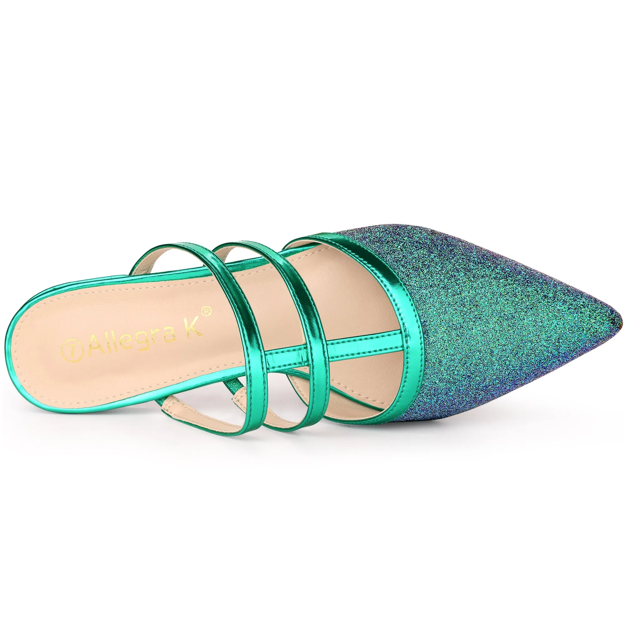Glitter Pointed Toe T Strap Slip On Flats Mules