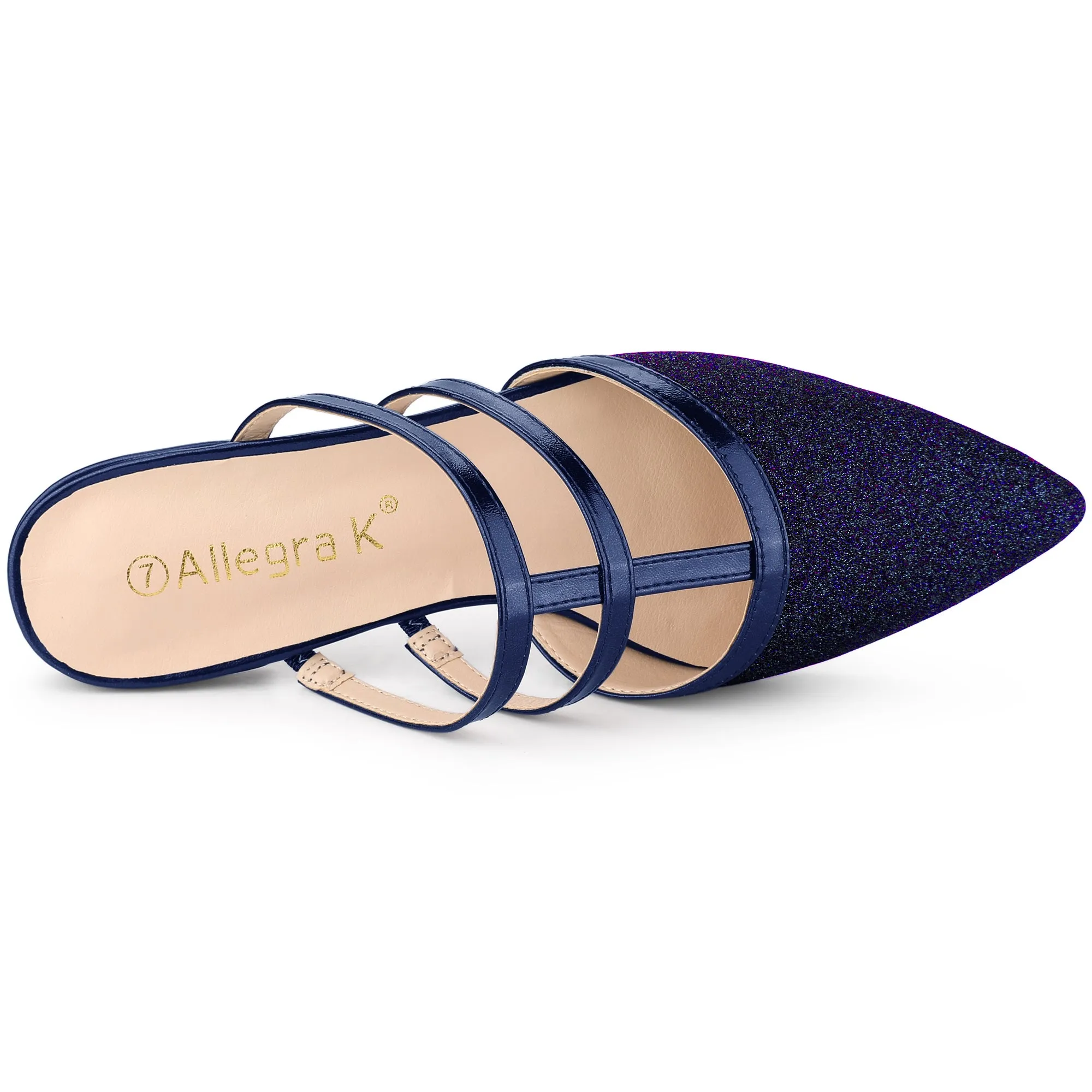 Glitter Pointed Toe T Strap Slip On Flats Mules