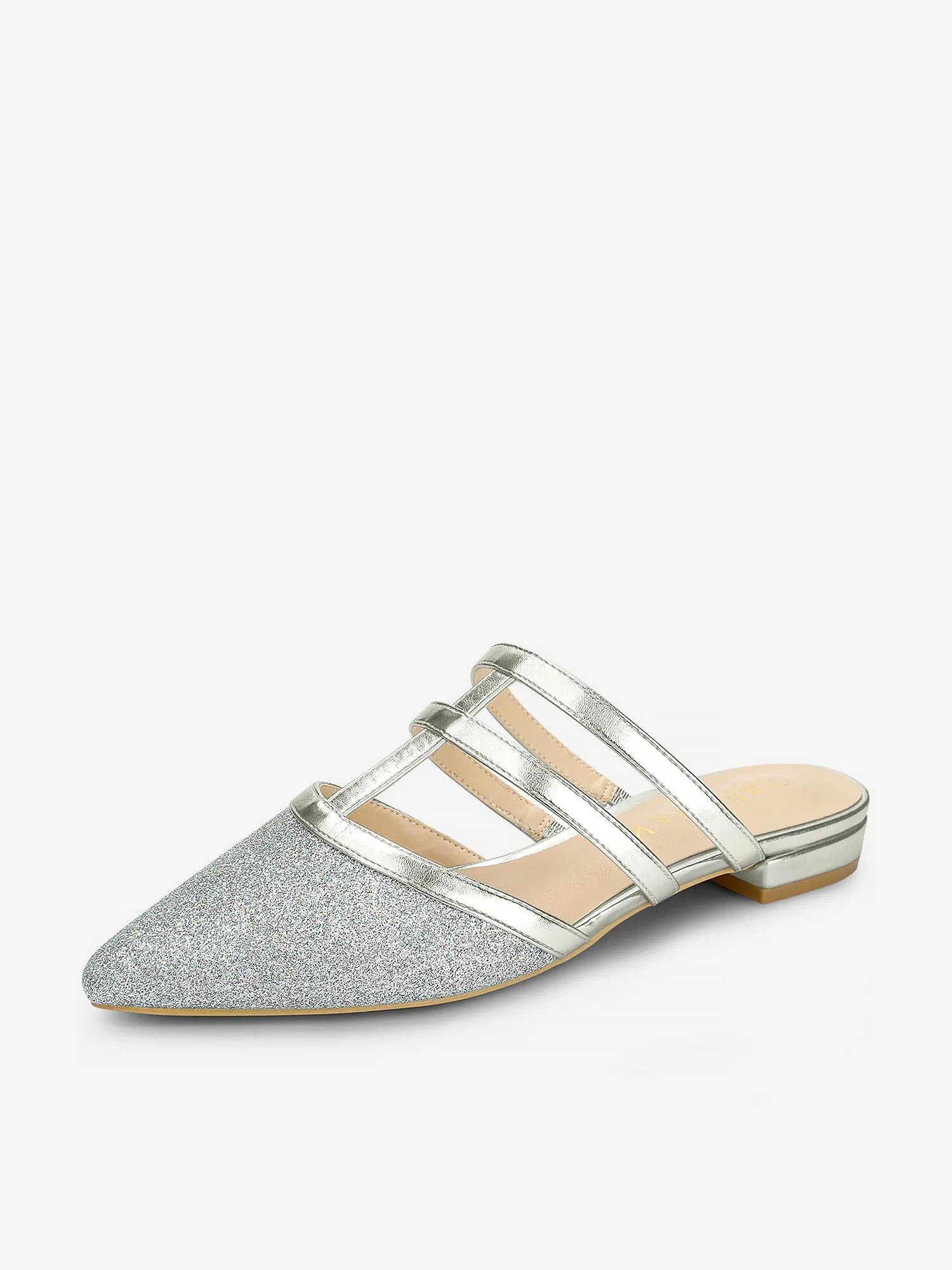 Glitter Pointed Toe T Strap Slip On Flats Mules