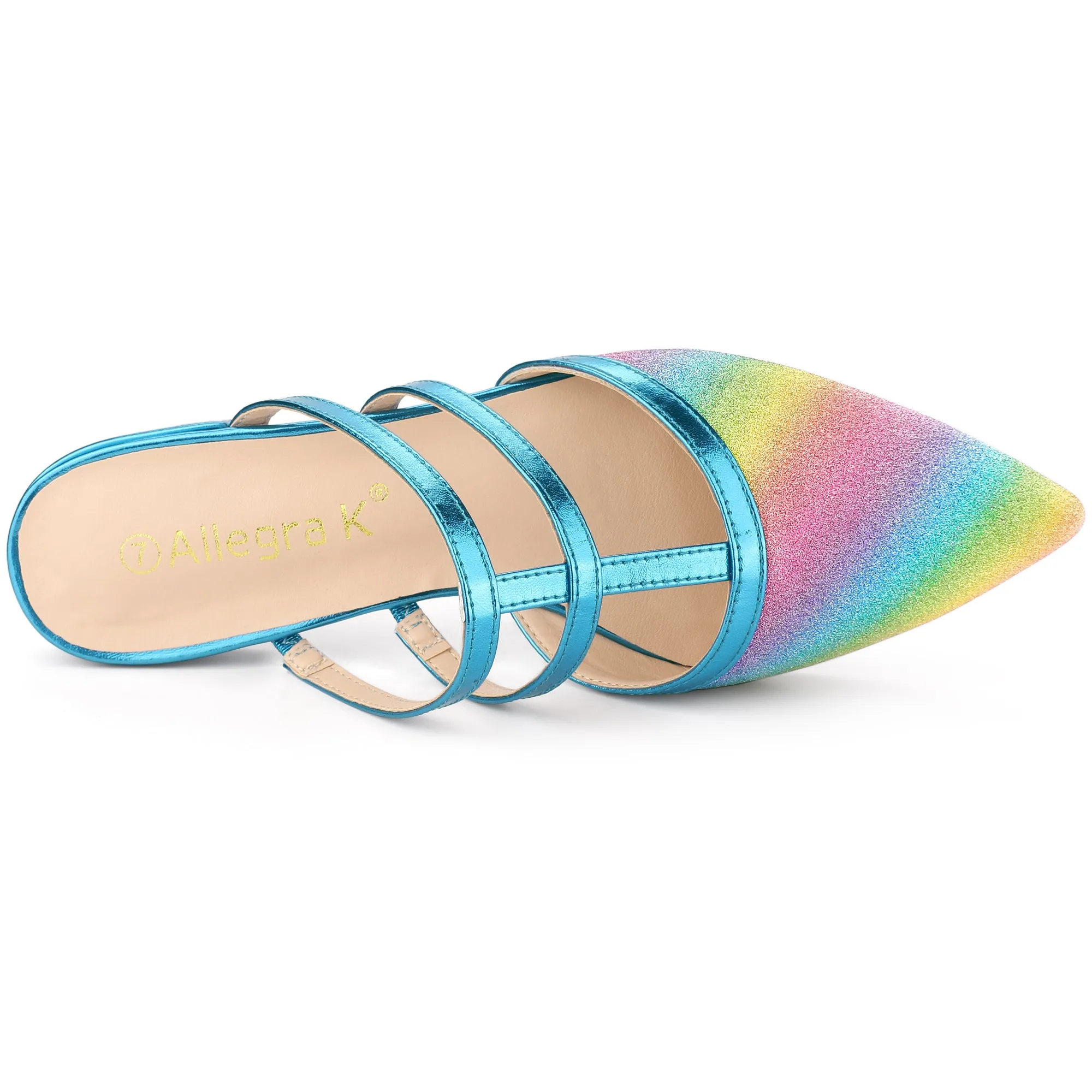 Glitter Pointed Toe T Strap Slip On Flats Mules