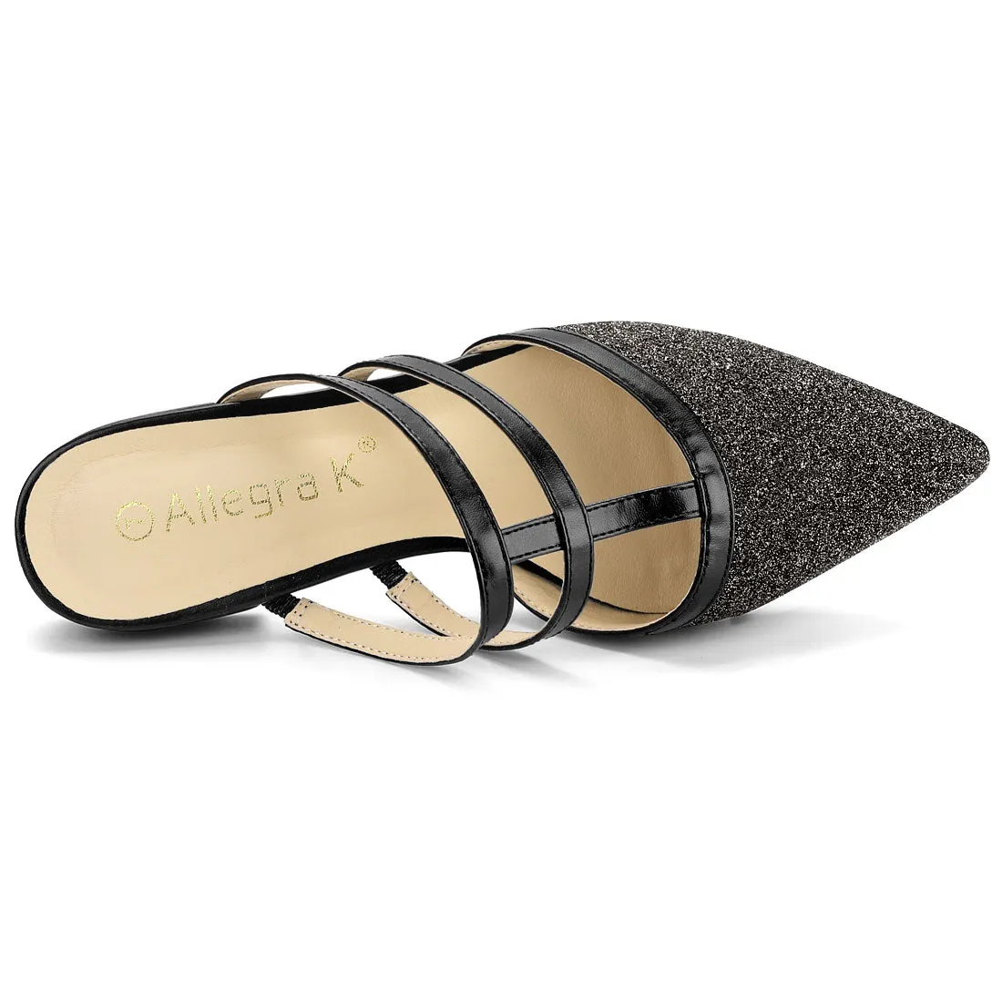 Glitter Pointed Toe T Strap Slip On Flats Mules