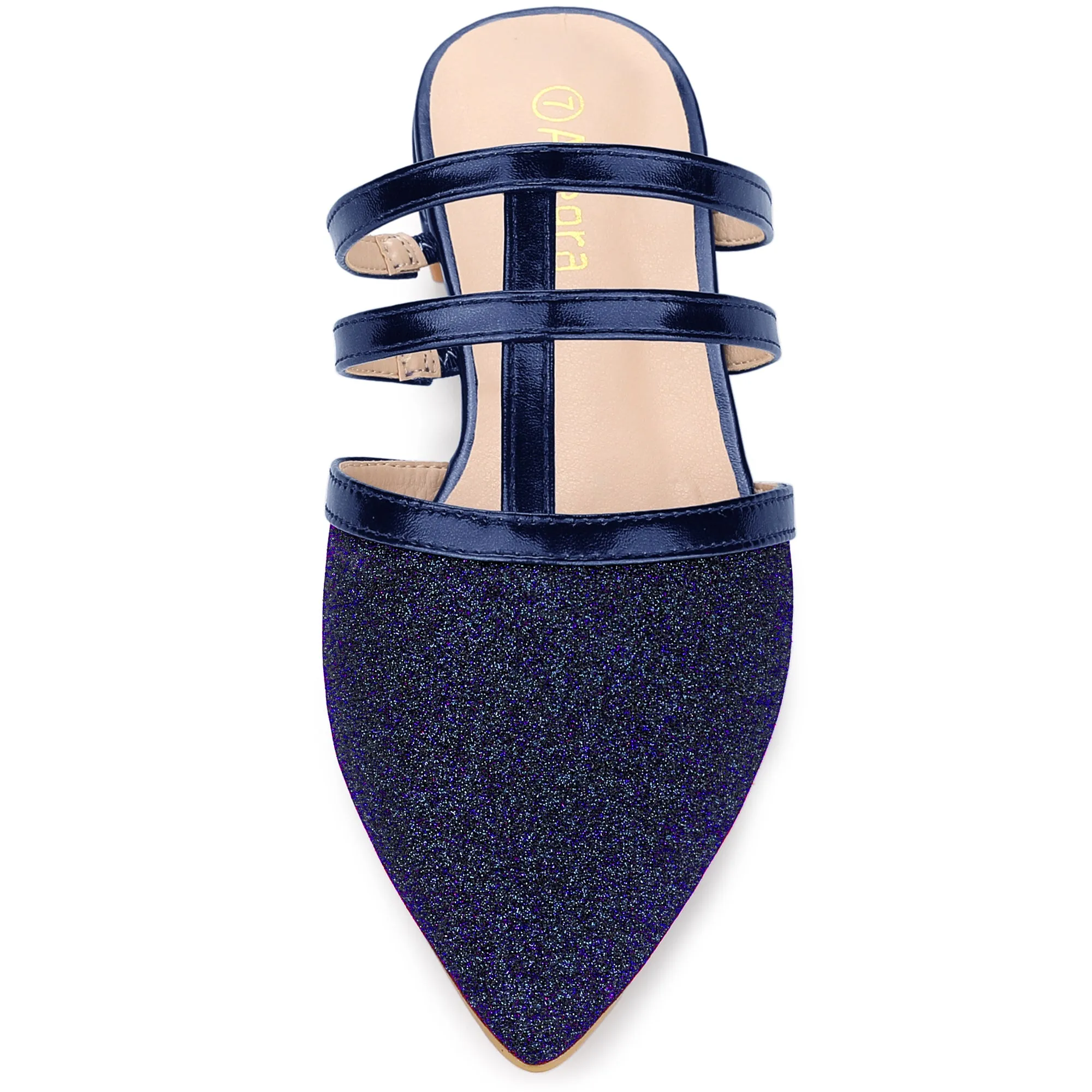Glitter Pointed Toe T Strap Slip On Flats Mules