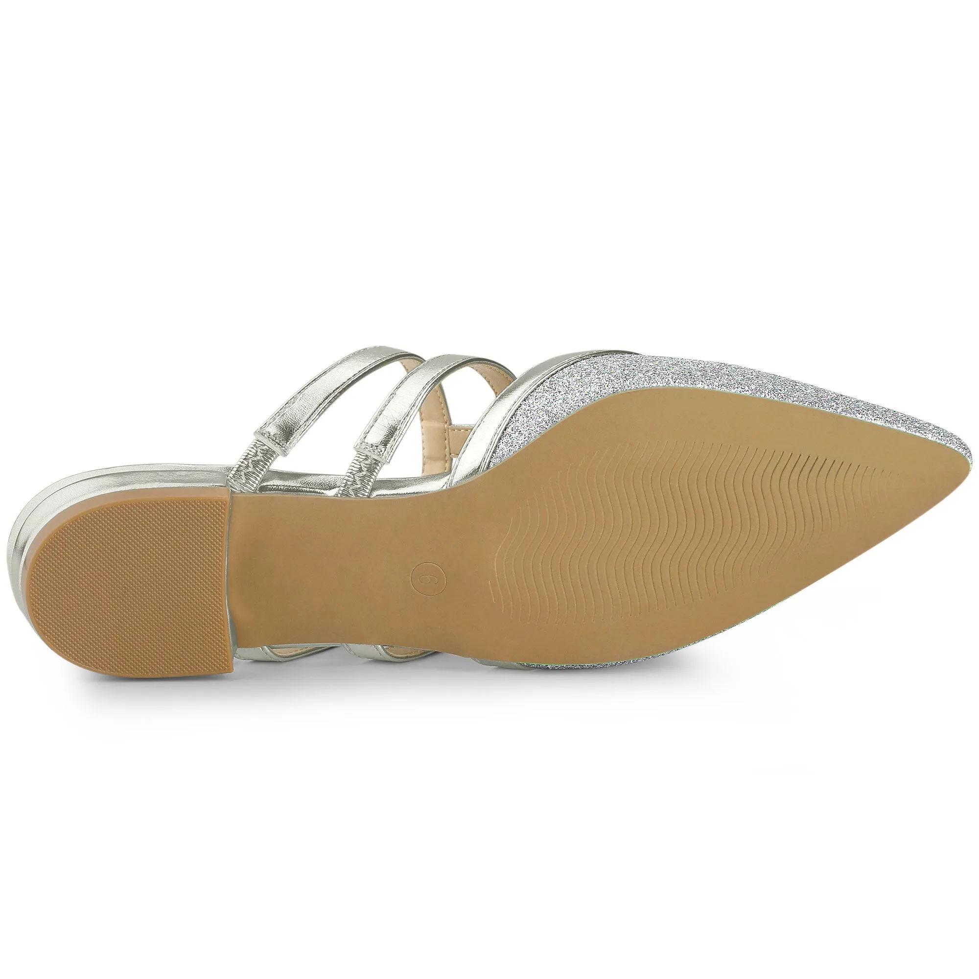 Glitter Pointed Toe T Strap Slip On Flats Mules