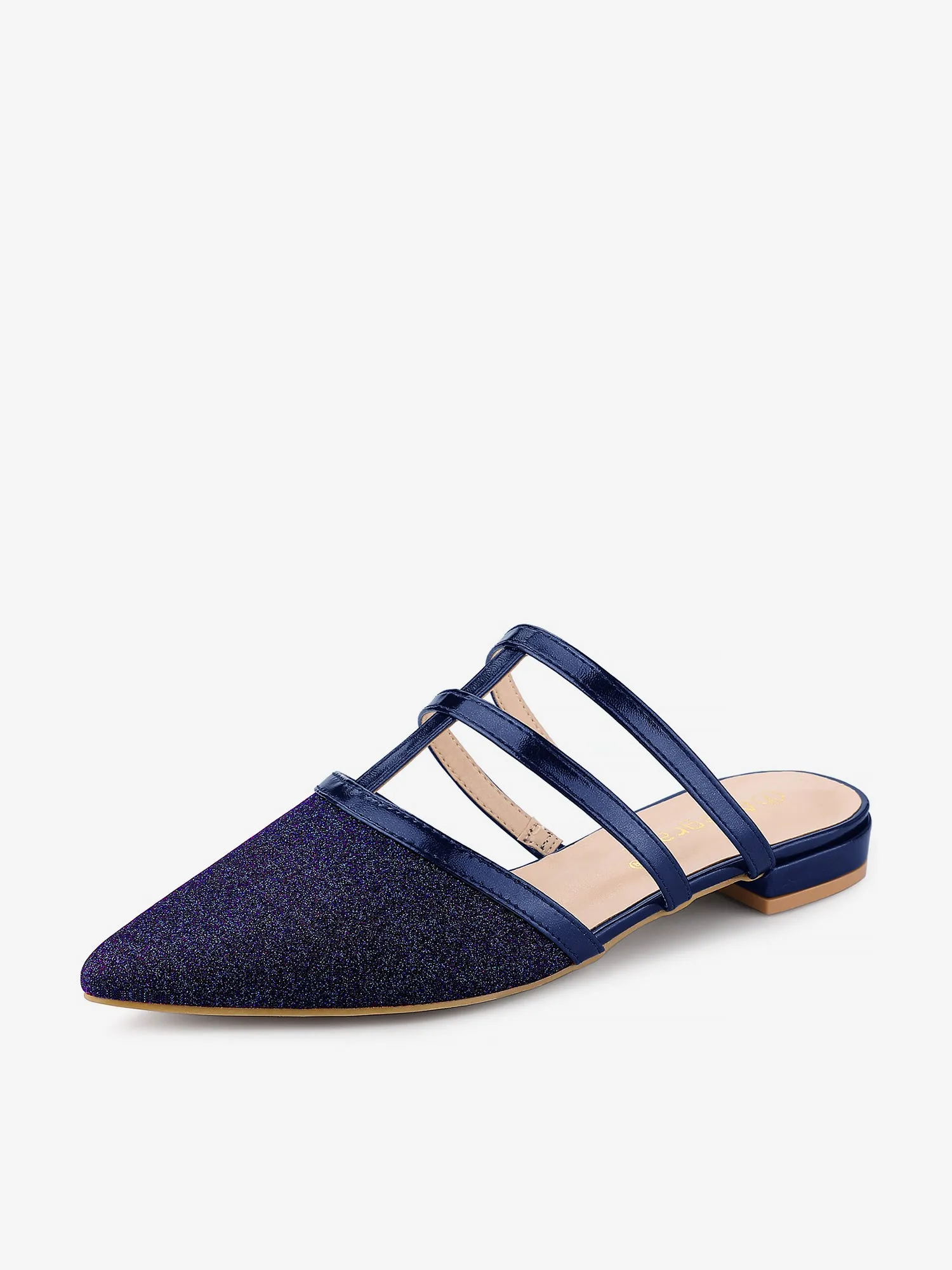 Glitter Pointed Toe T Strap Slip On Flats Mules