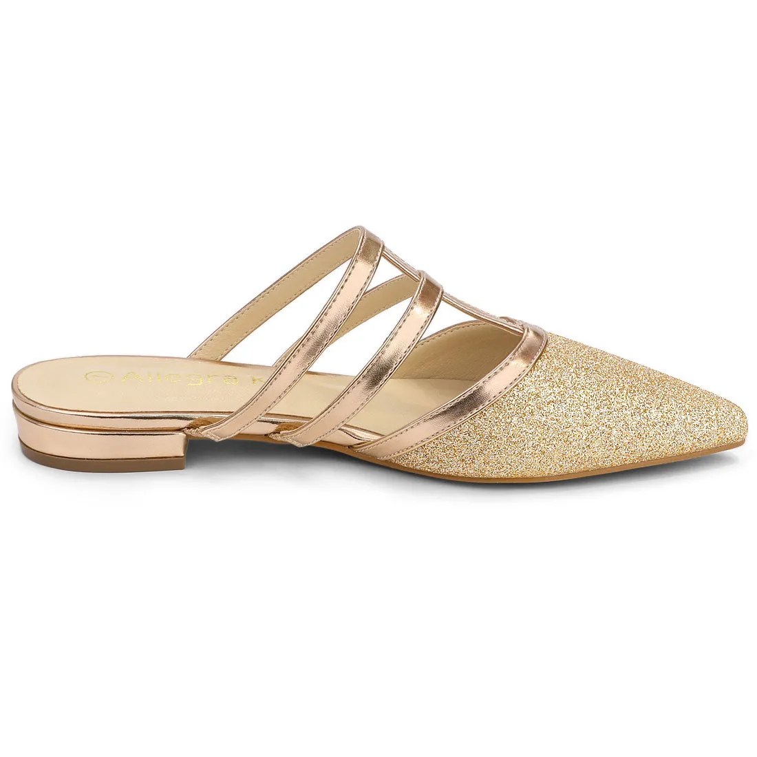 Glitter Pointed Toe T Strap Slip On Flats Mules