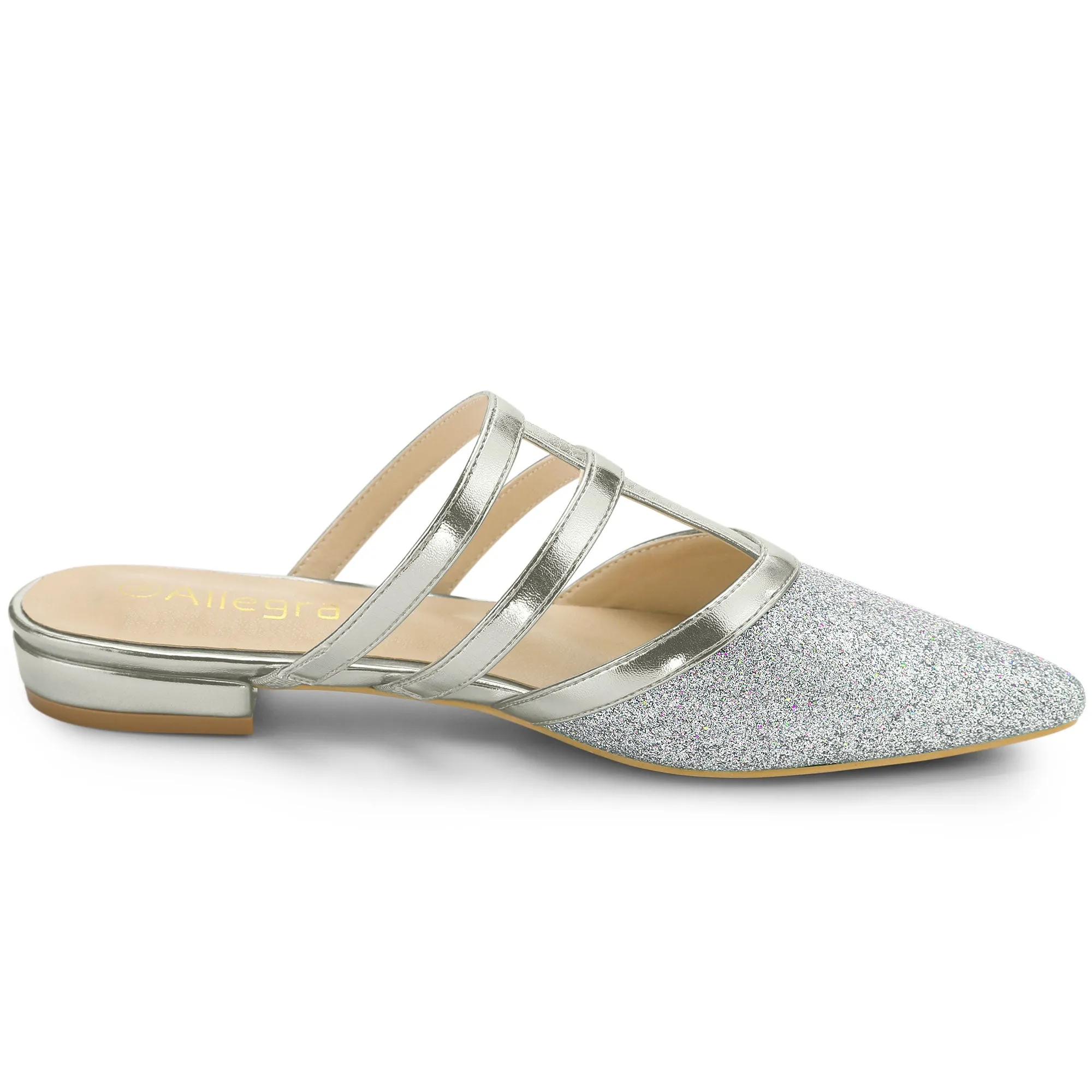 Glitter Pointed Toe T Strap Slip On Flats Mules