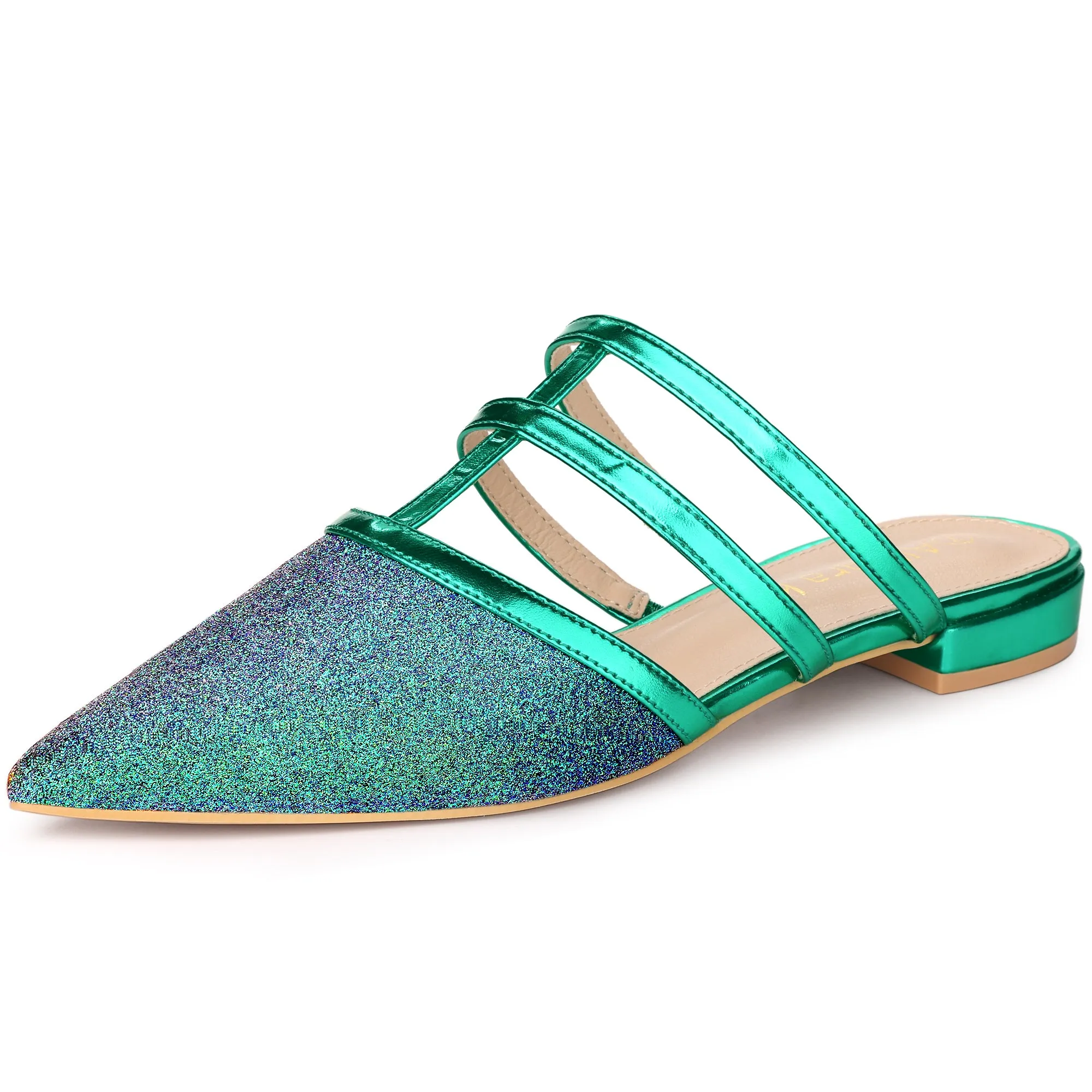 Glitter Pointed Toe T Strap Slip On Flats Mules